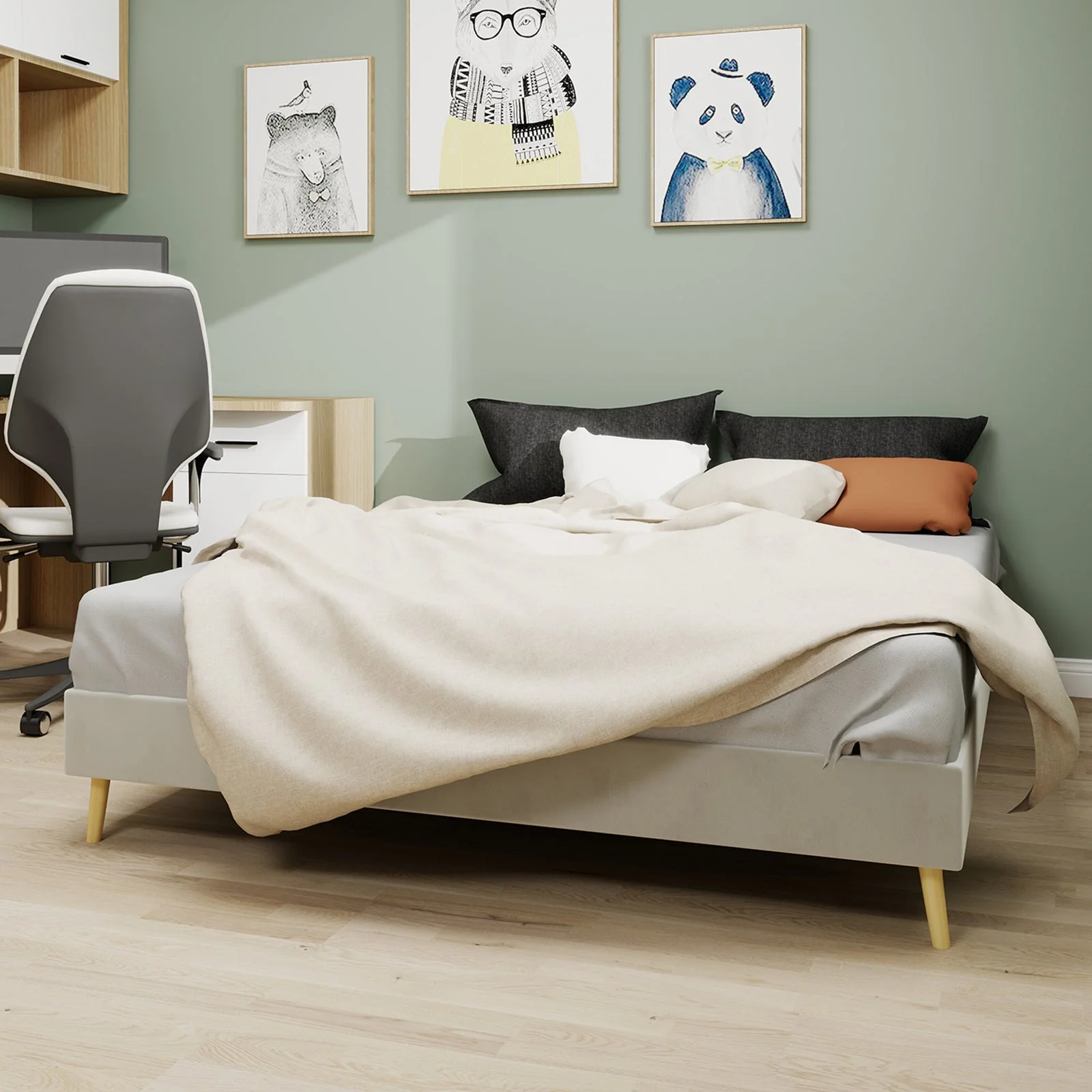 Modern Minimalist Bed Frame, Low-Profile 160x200 cm, Beige Dutch Velvet - Image 9
