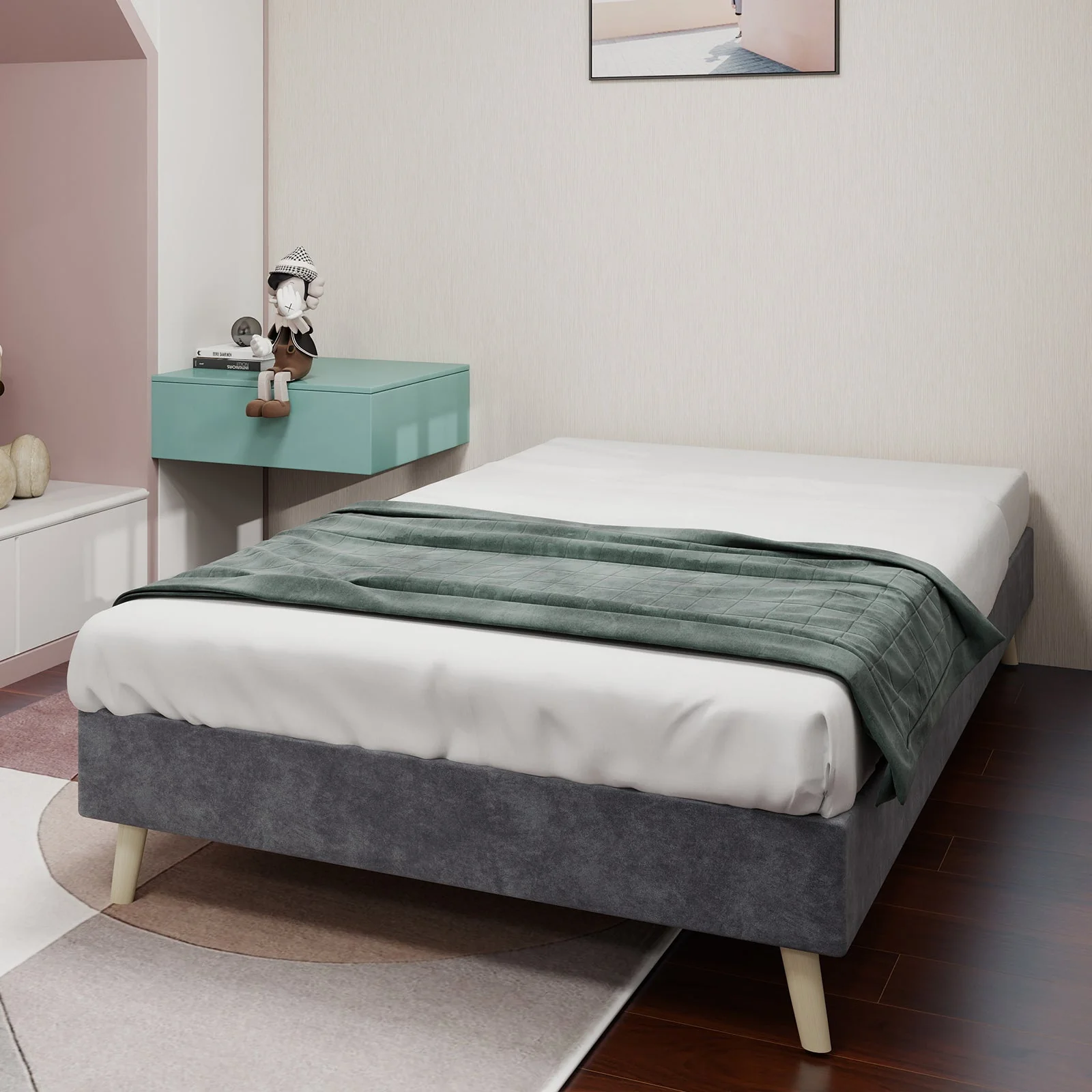 Modern Minimalist Bed Frame, Low-Profile Base 90x200 cm, Grey Dutch Velvet Fabric - Image 9