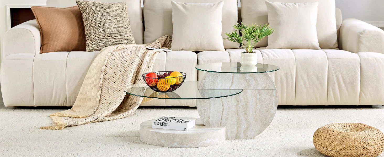 Modern Minimalist Coffee Table, Double-Layered Safety Glass and Multi-Tiered Design, Walnut Wood Grain Finish - Image 9