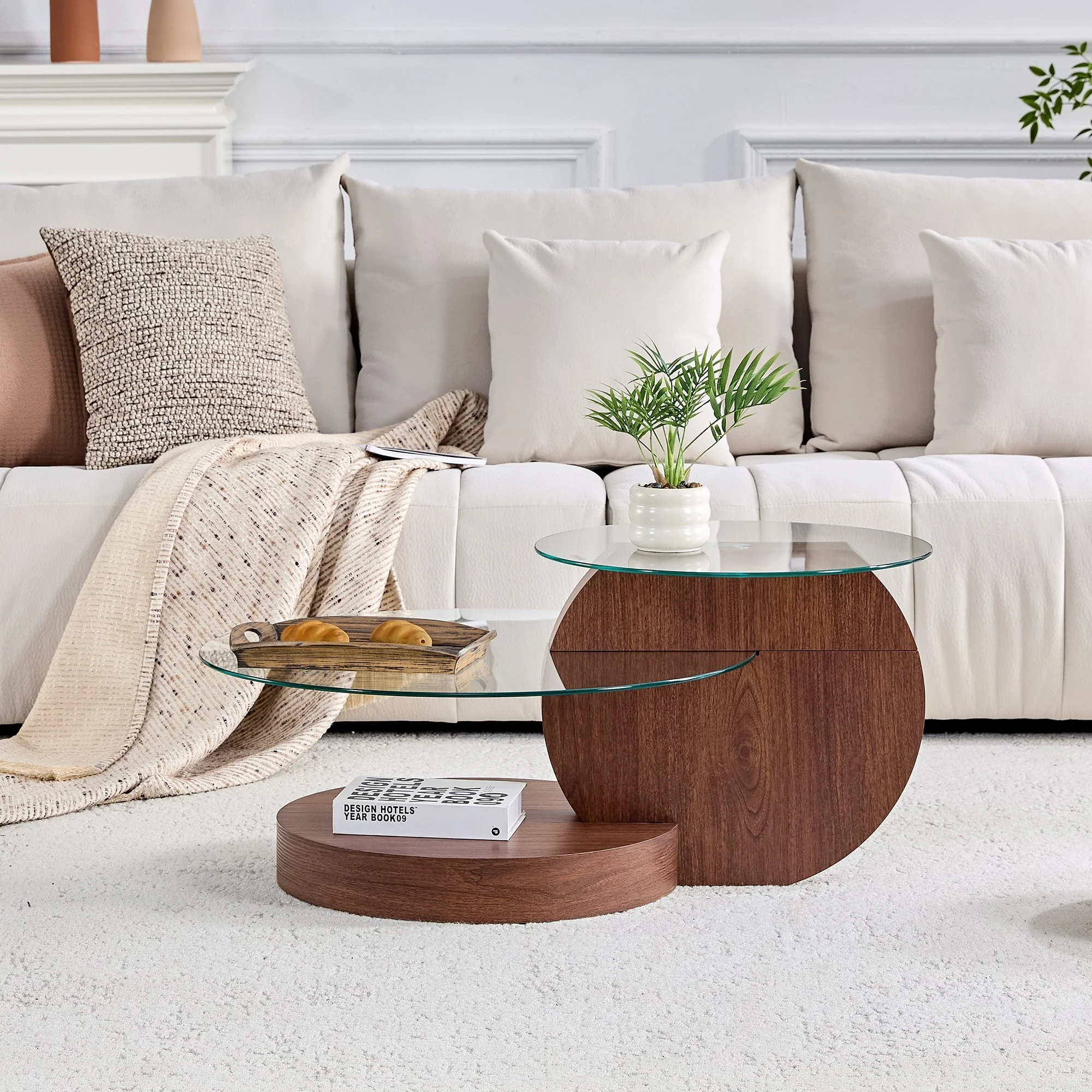 Modern Minimalist Coffee Table with Double-Layered Safety Glass and Multi-Tiered Design, Walnut Wood Grain Finish - Image 3