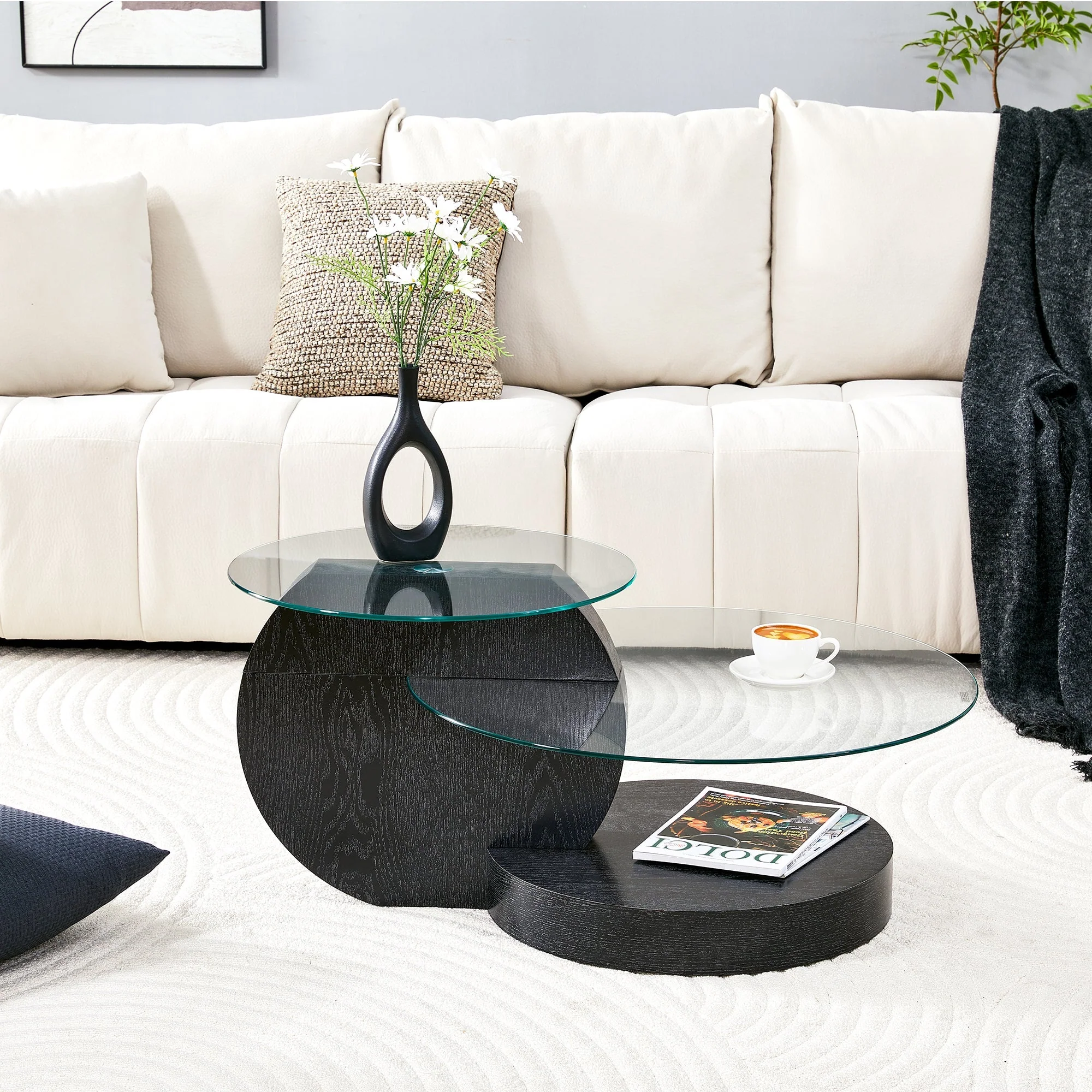Modern Minimalist Coffee Table with Two-Layer Safety Glass and Multi-Tiered Design, Black Wood Grain Finish