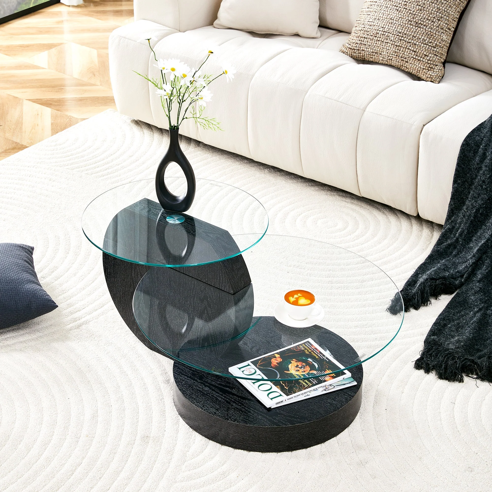 Modern Minimalist Coffee Table with Two-Layer Safety Glass and Multi-Tiered Design, Black Wood Grain Finish - Image 3