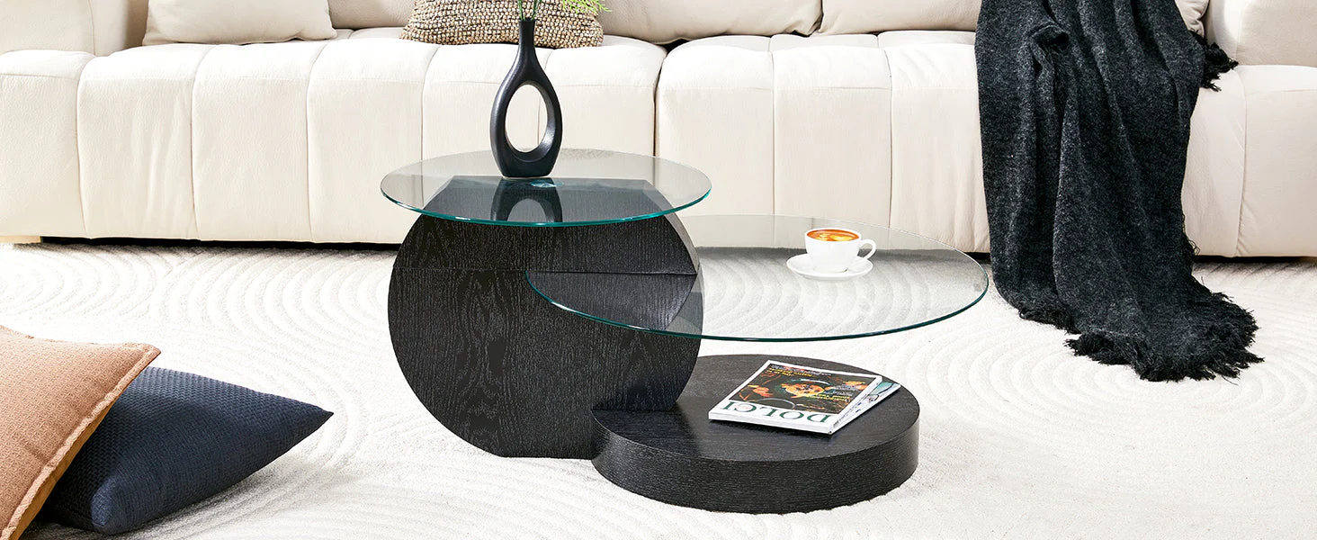 Modern Minimalist Coffee Table with Two-Layer Safety Glass and Multi-Tiered Design, Black Wood Grain Finish - Image 9