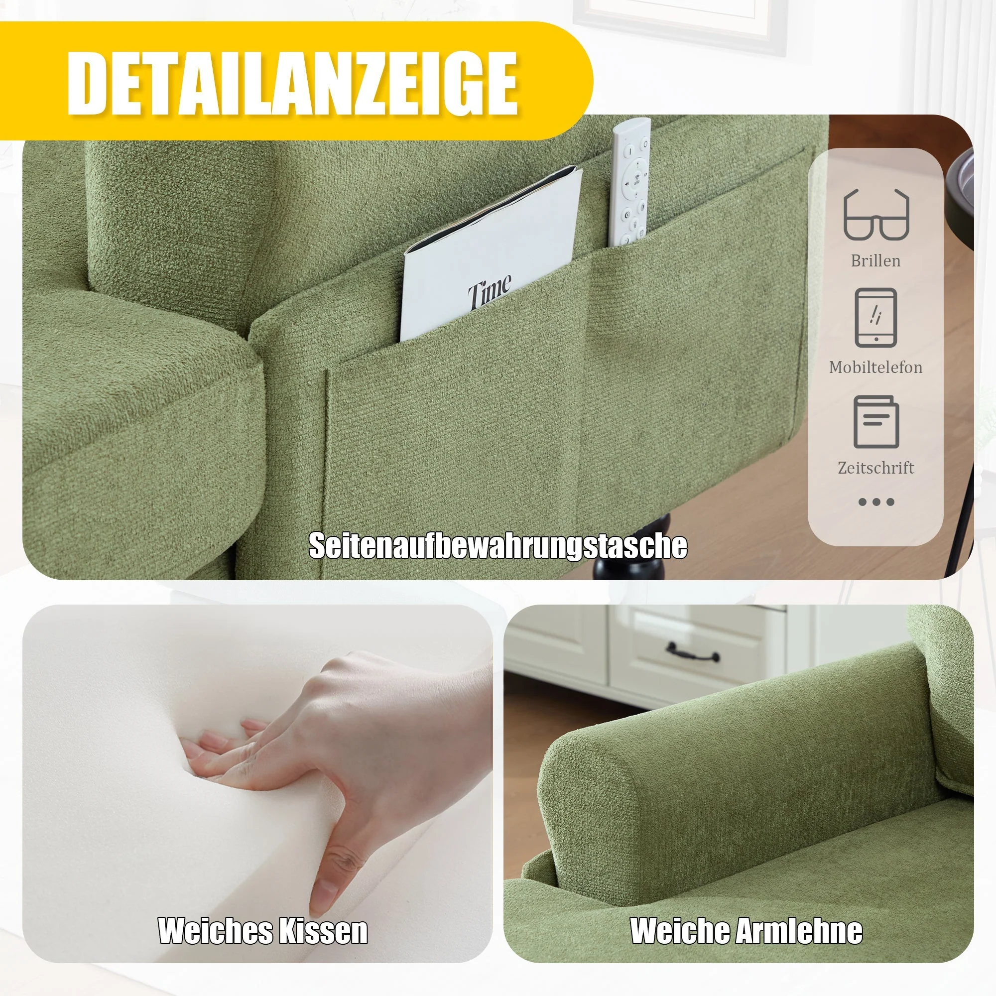 Modern Minimalist Lounger Sofa with Storage Pockets and Wooden Legs, Chenille - Image 2
