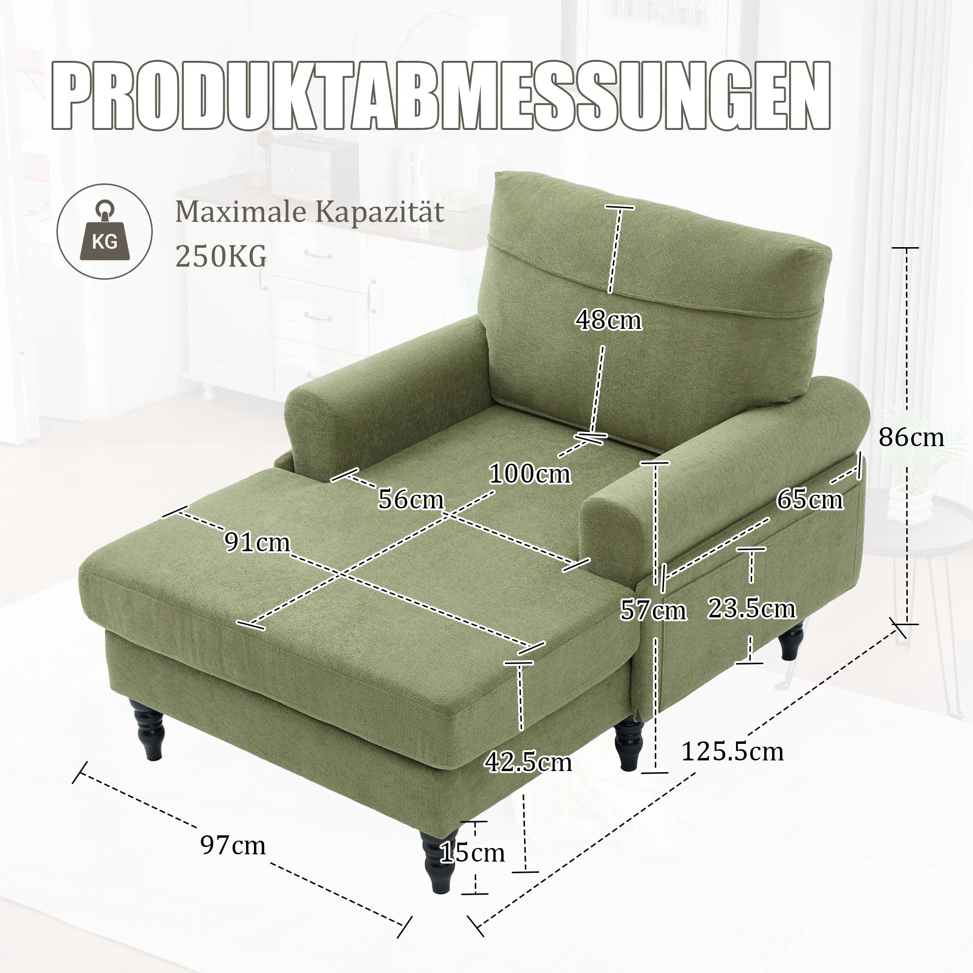 Modern Minimalist Lounger Sofa with Storage Pockets and Wooden Legs, Chenille - Image 7