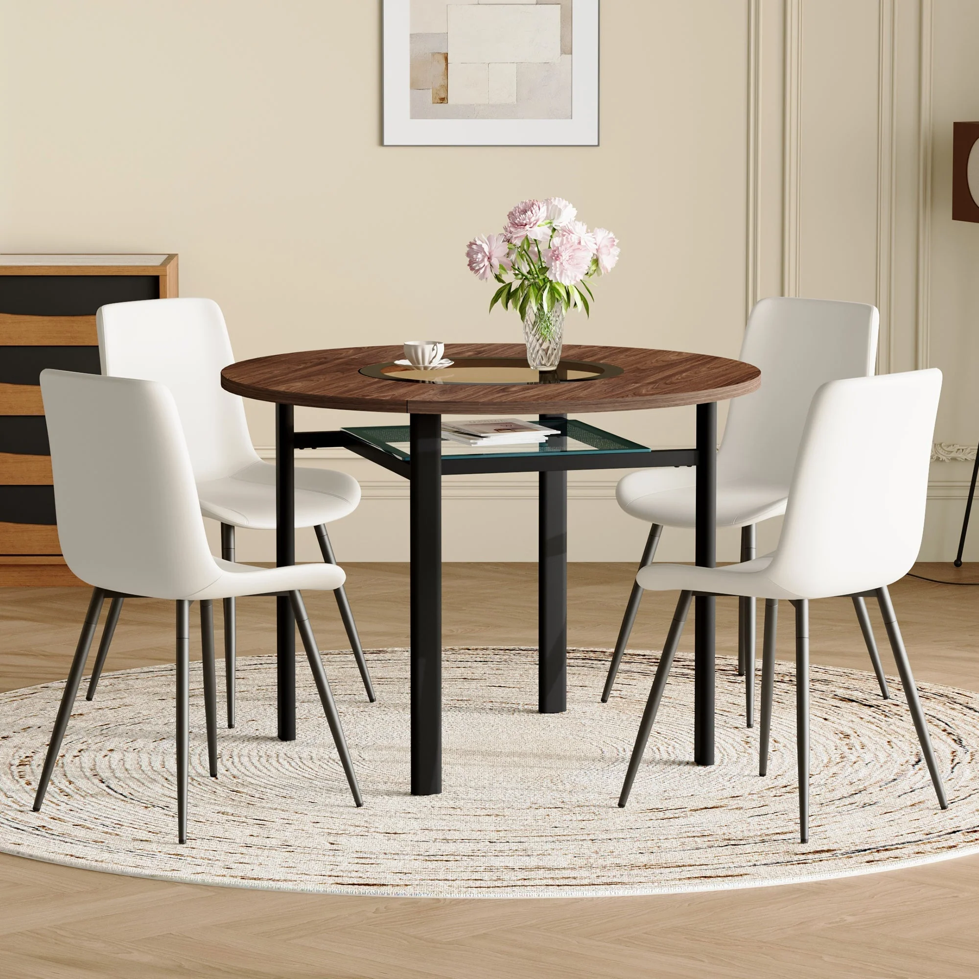Modern Minimalist Round Table Set 100cm Storage 4 PU Chairs - Brown Wood/White - Image 3