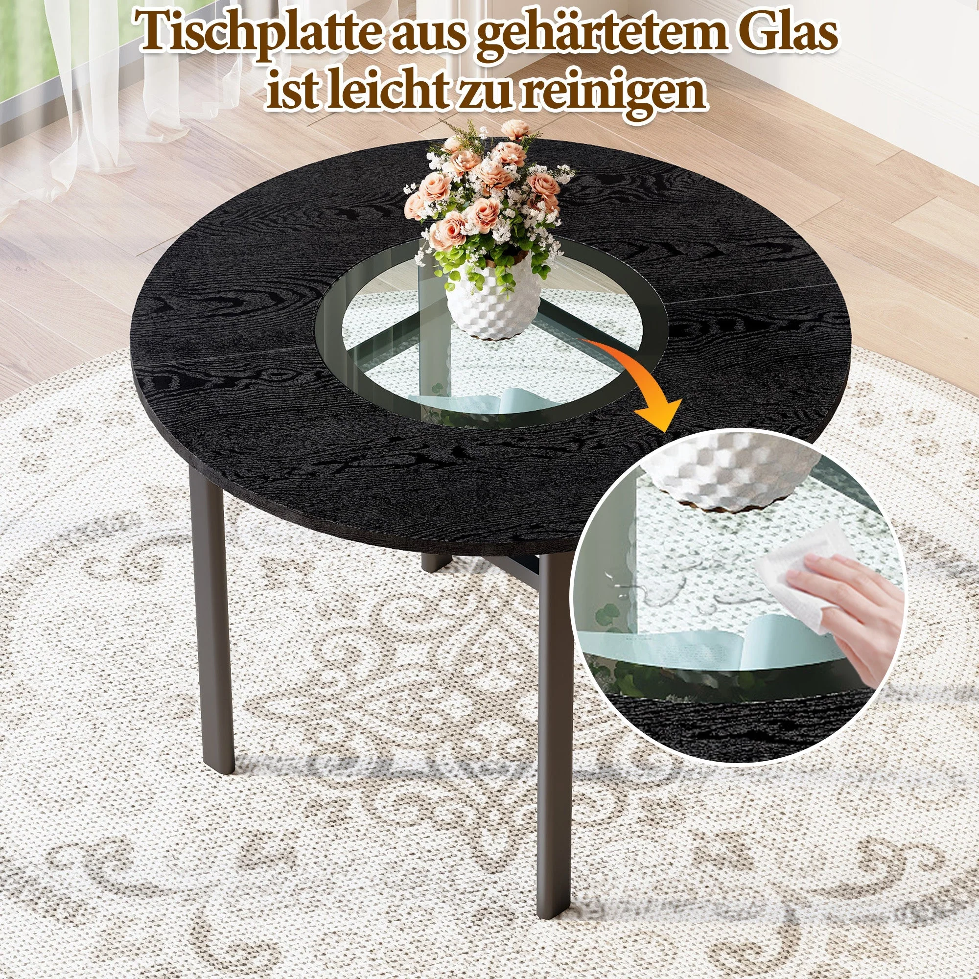 Modern Minimalist Round Table Set 100cm with 4 Tech Fabric Armchairs Black Wood Look & Brown - Image 10