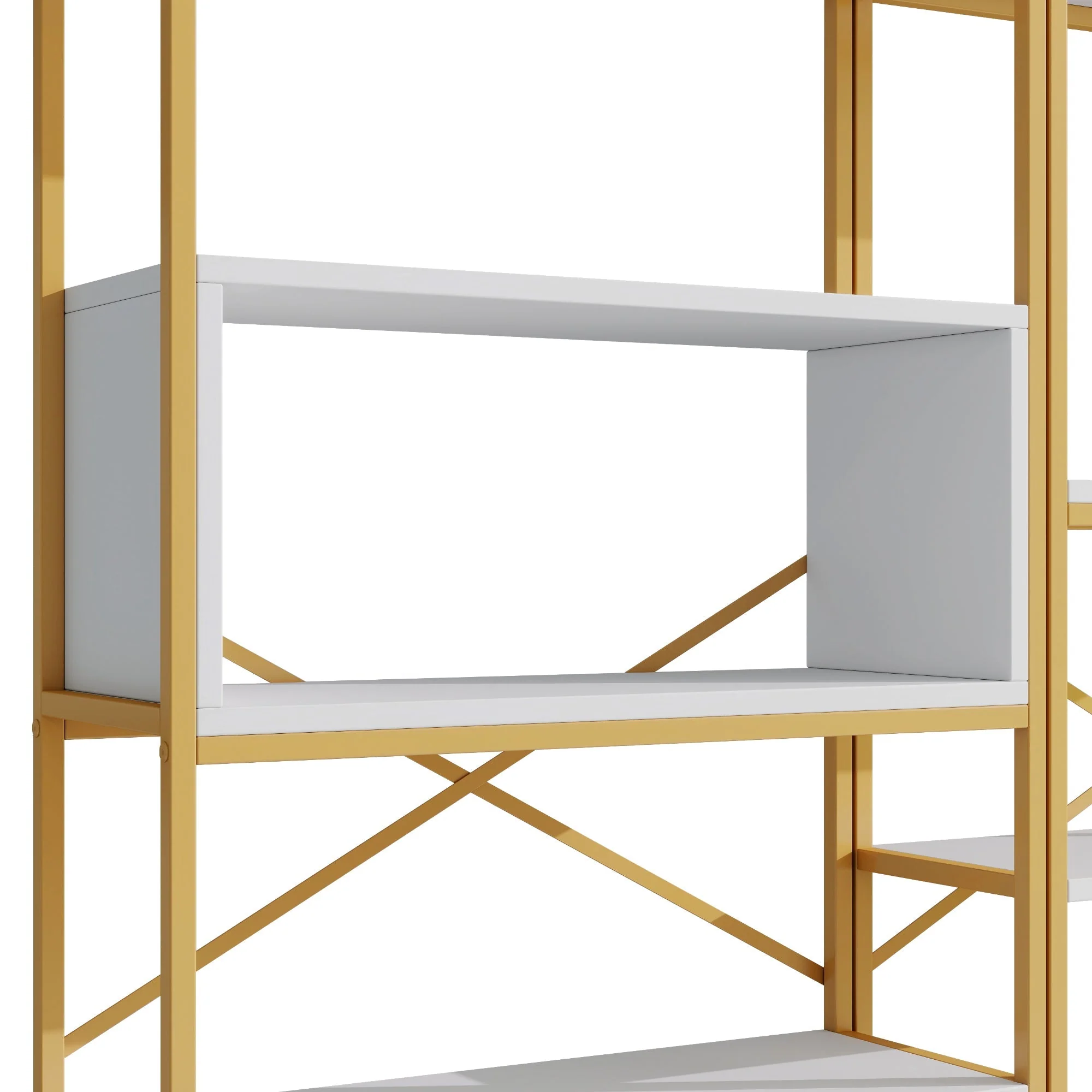 Modern Minimalist Shelf with Multi-Tier Storage and Steel Frame, Gold and White - Image 10