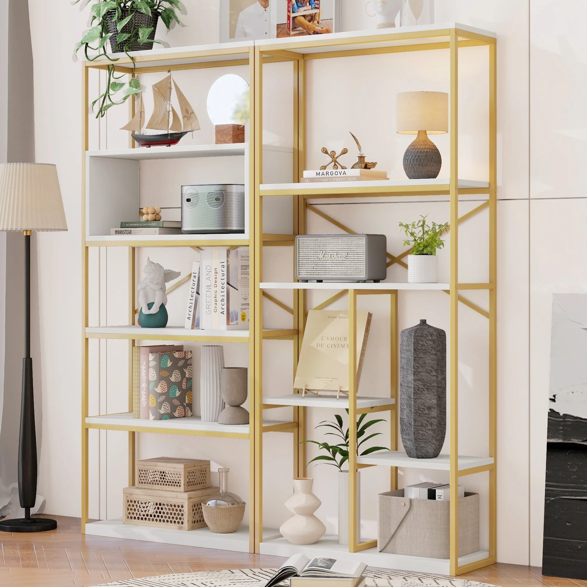 Modern Minimalist Shelf with Multi-Tier Storage and Steel Frame, Gold and White - Image 3