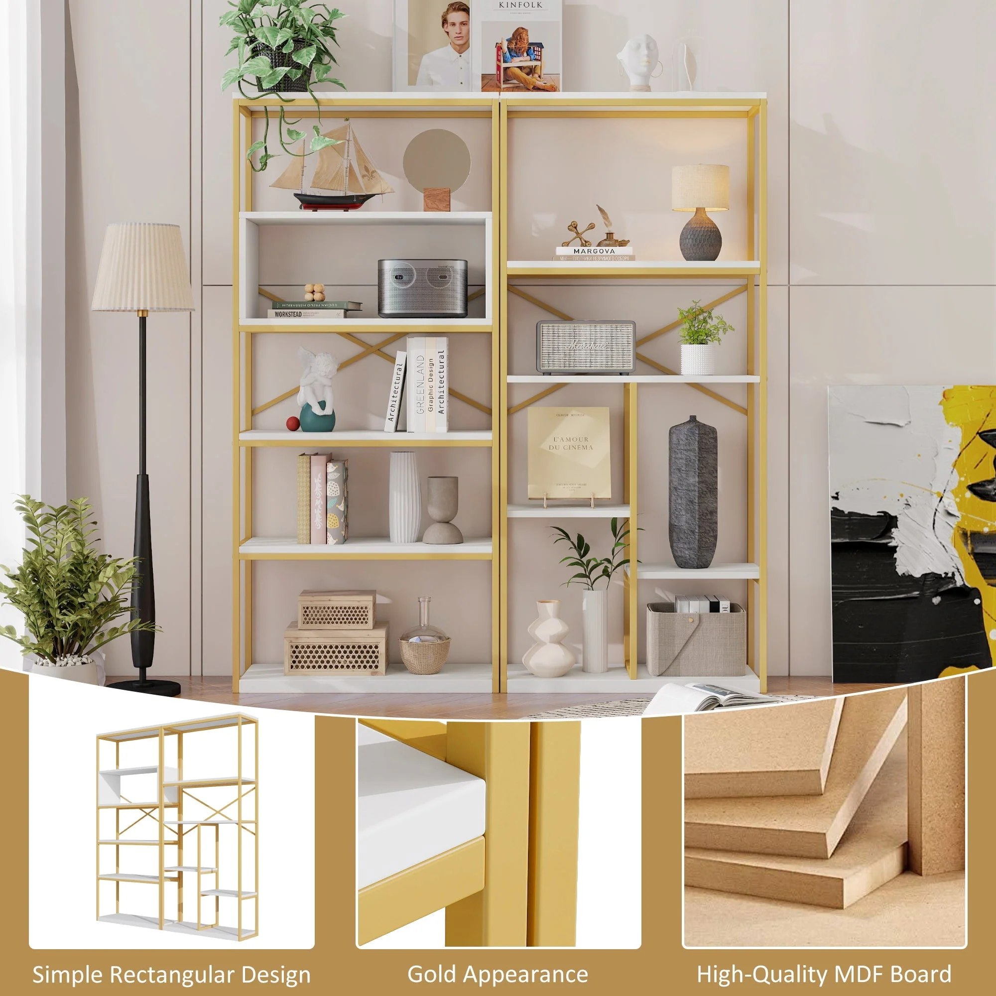 Modern Minimalist Shelf with Multi-Tier Storage and Steel Frame, Gold and White - Image 7