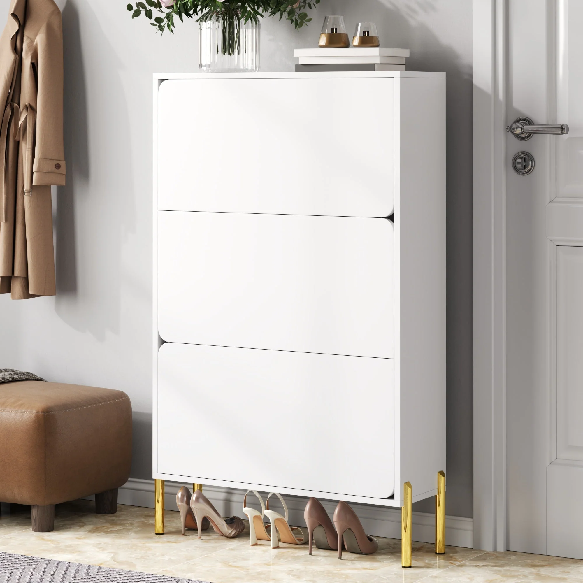 Modern Minimalist Shoe Cabinet with 3 Doors and Large Capacity, White and Gold