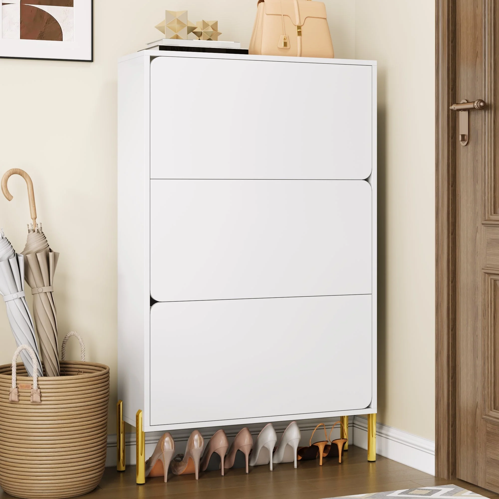 Modern Minimalist Shoe Cabinet with 3 Doors and Large Capacity, White and Gold - Image 10