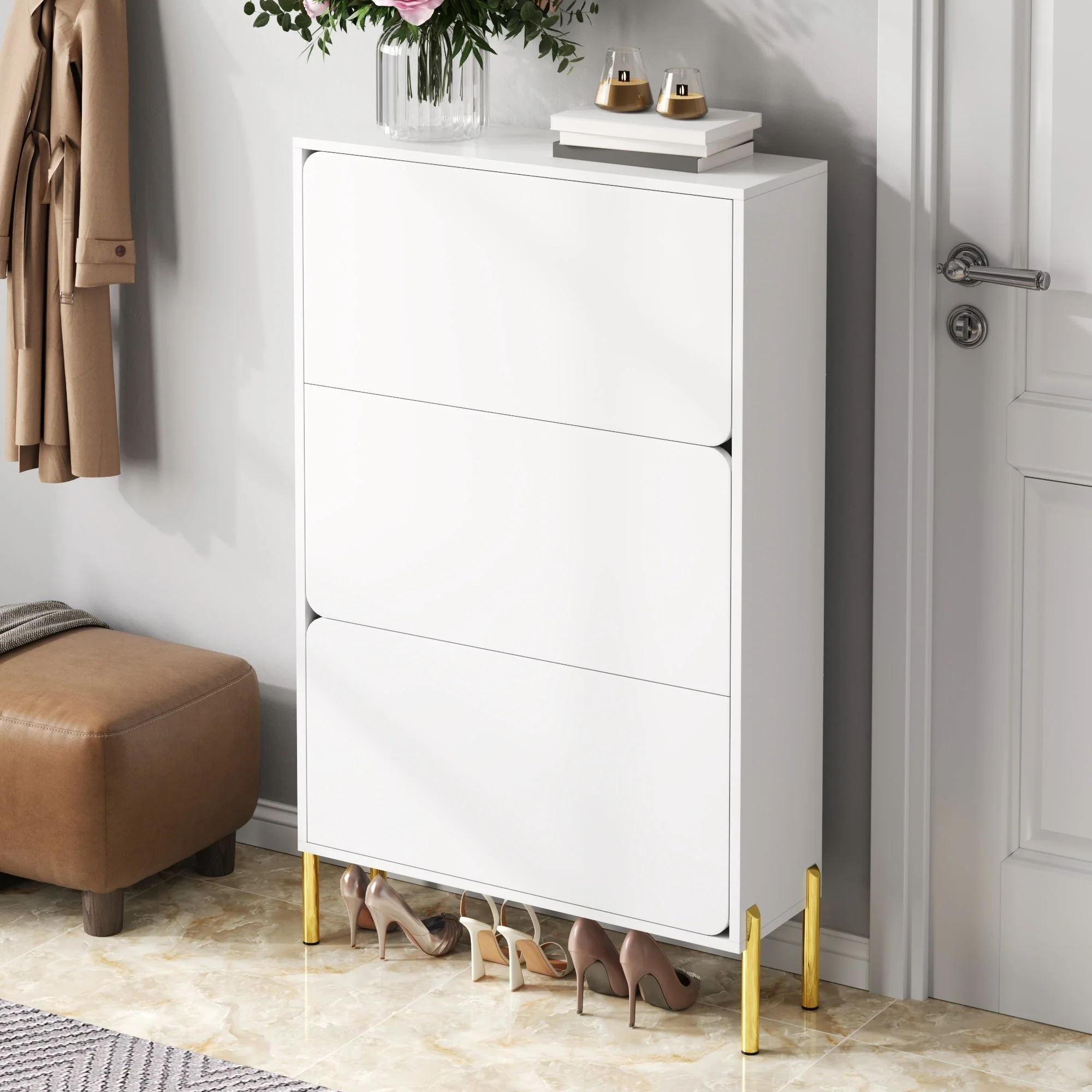 Modern Minimalist Shoe Cabinet with 3 Doors and Large Capacity, White and Gold - Image 2
