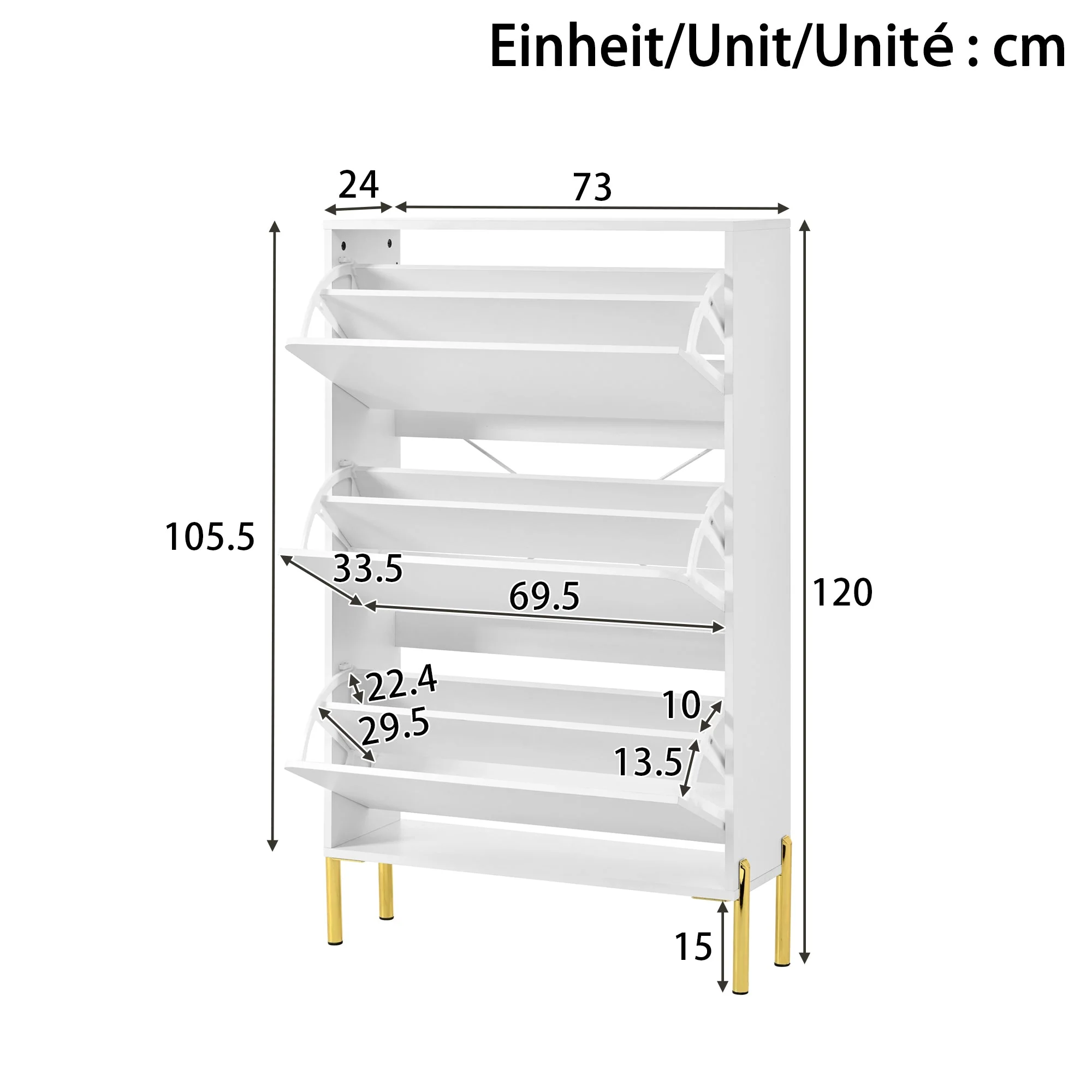 Modern Minimalist Shoe Cabinet with 3 Doors and Large Capacity, White and Gold - Image 3