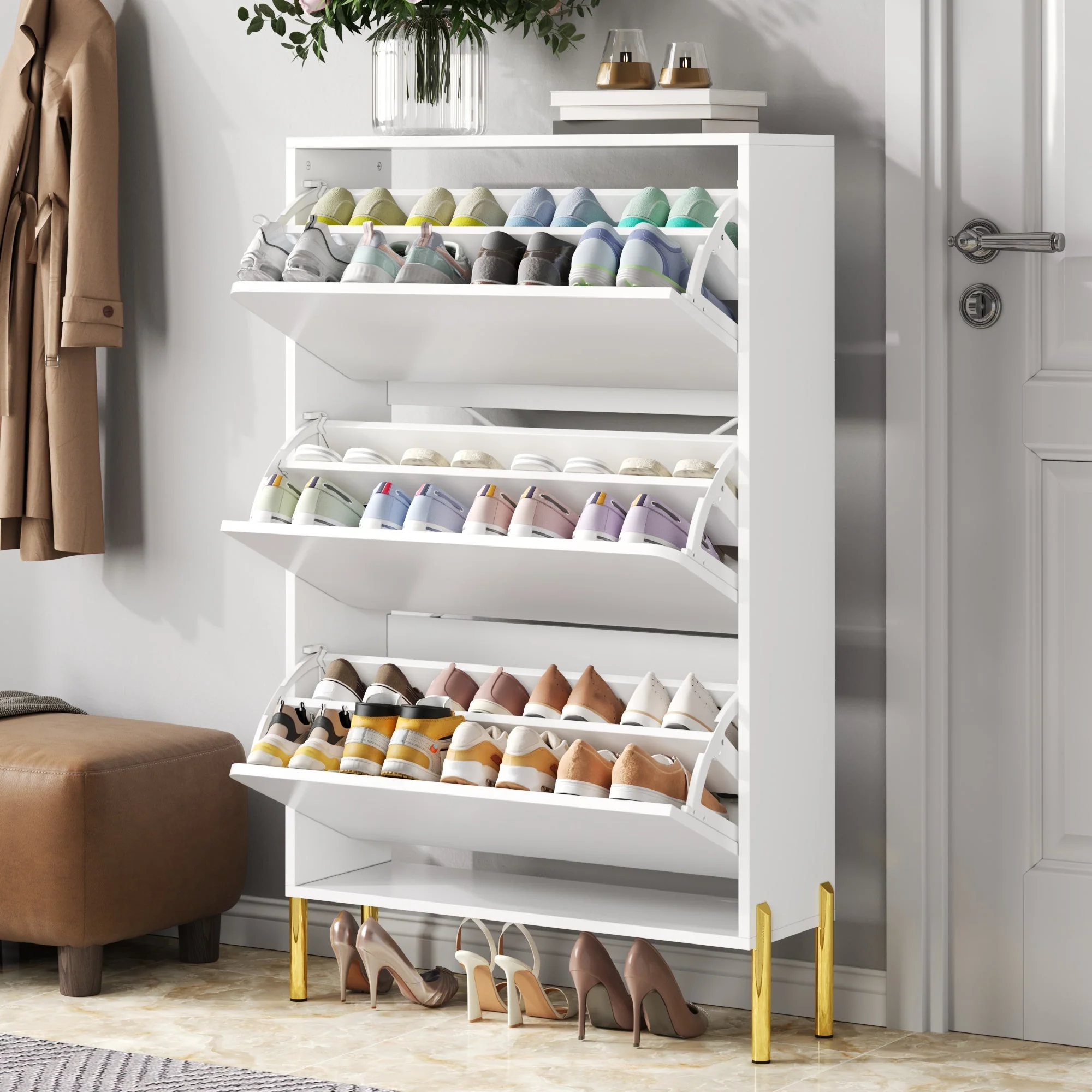 Modern Minimalist Shoe Cabinet with 3 Doors and Large Capacity, White and Gold - Image 4