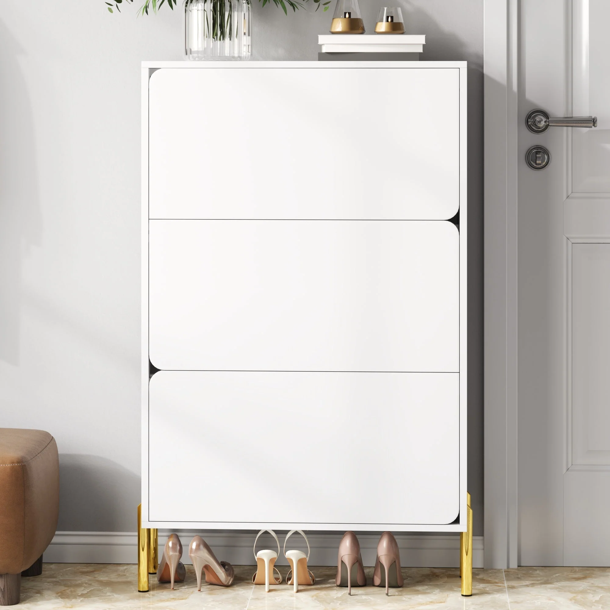 Modern Minimalist Shoe Cabinet with 3 Doors and Large Capacity, White and Gold - Image 5