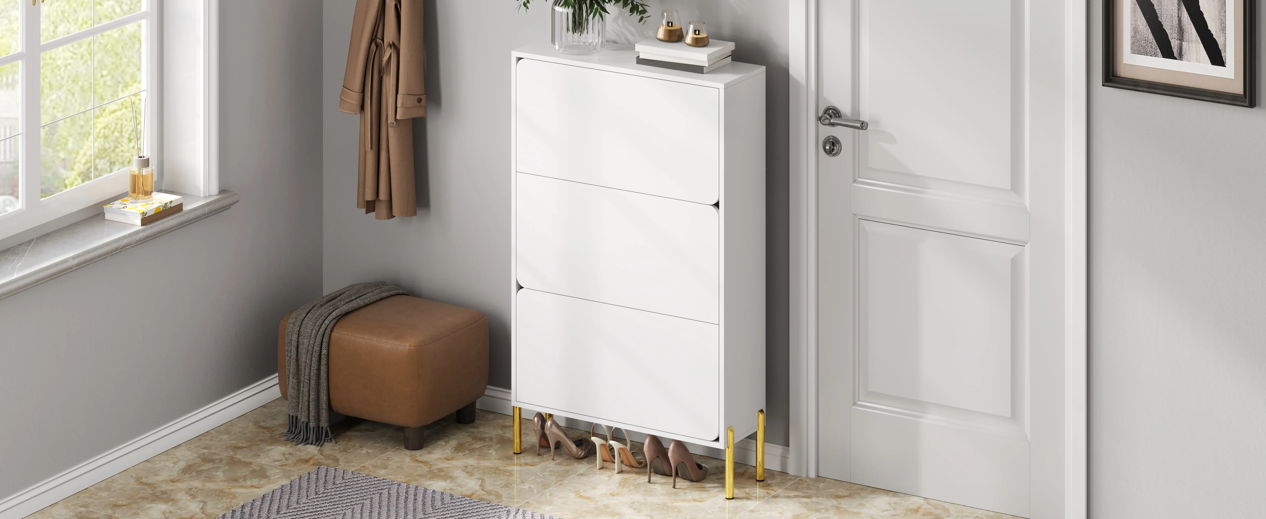 Modern Minimalist Shoe Cabinet with 3 Doors and Large Capacity, White and Gold - Image 6