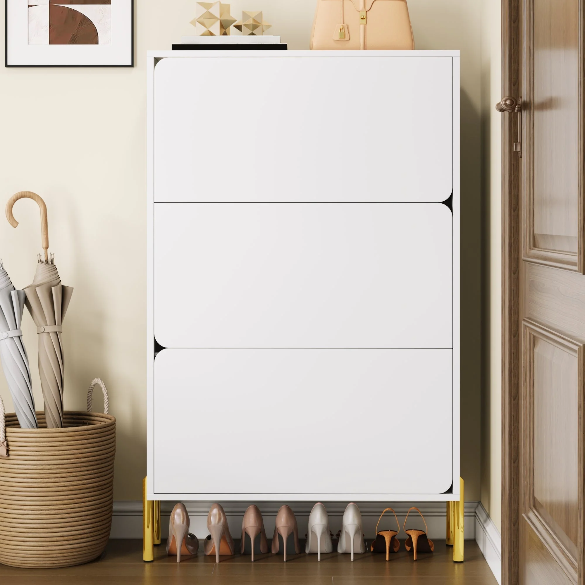 Modern Minimalist Shoe Cabinet with 3 Doors and Large Capacity, White and Gold - Image 8