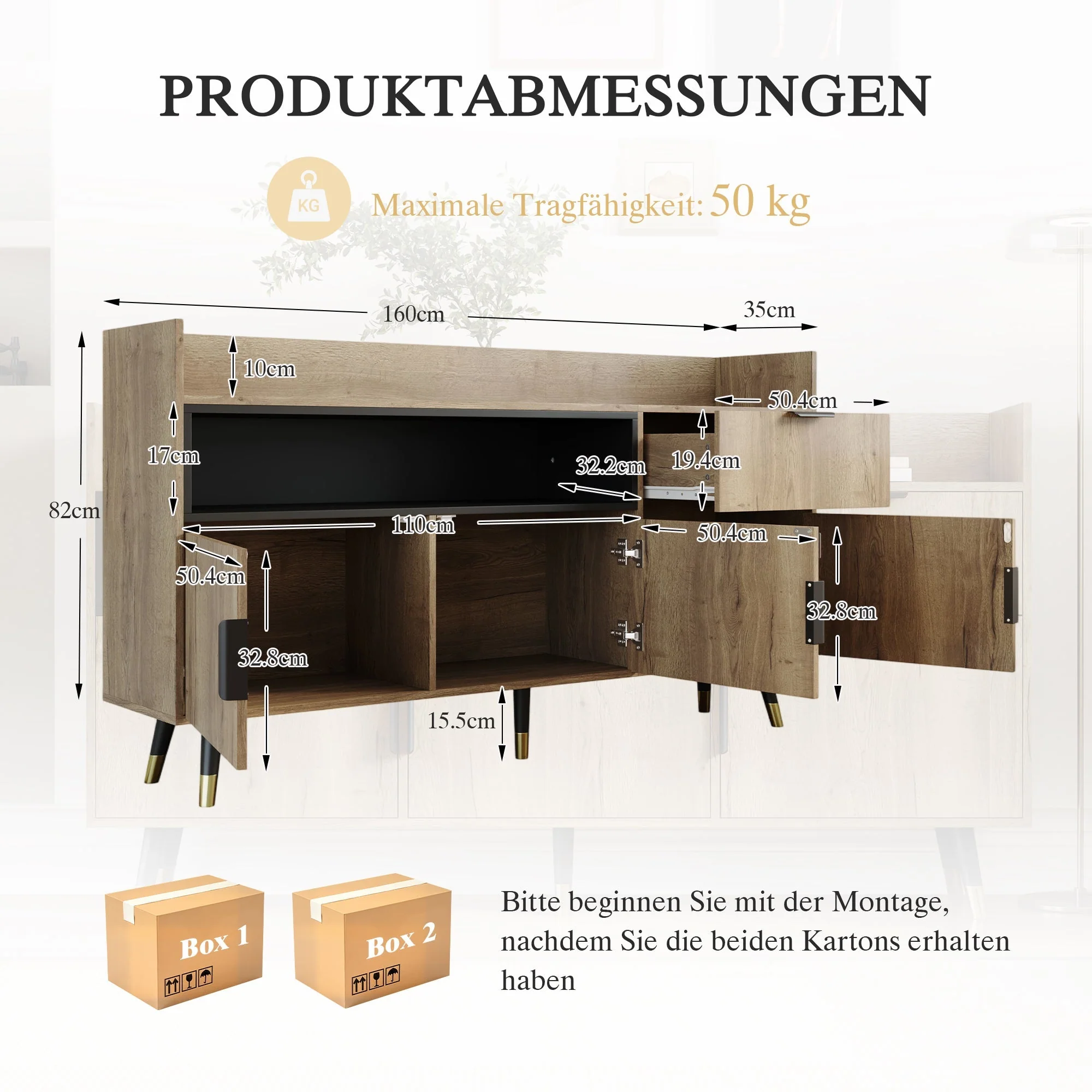 Modern Minimalist Sideboard with Open Shelves, Drawers and Swing Doors, Wood and Metal - Image 2