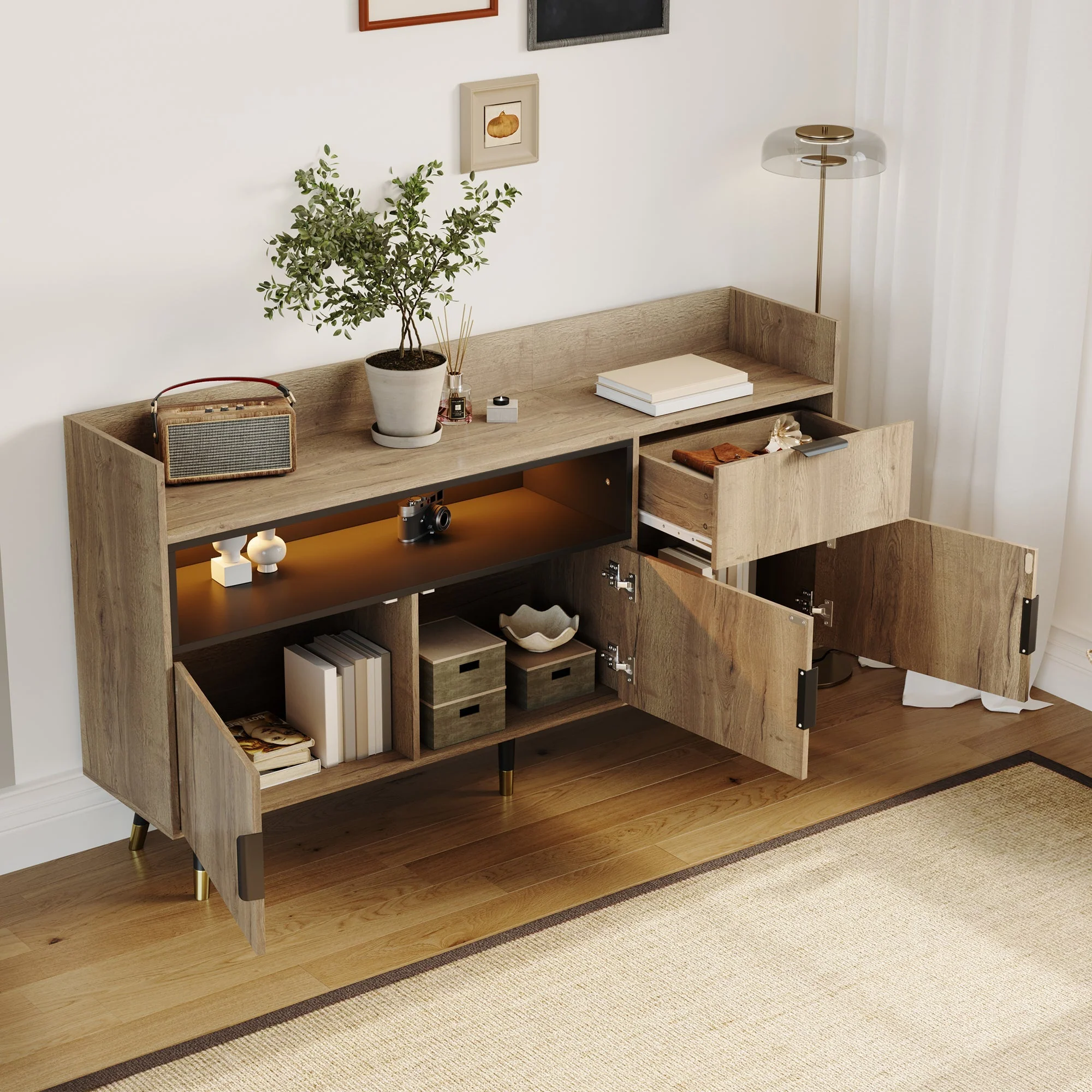 Modern Minimalist Sideboard with Open Shelves, Drawers and Swing Doors, Wood and Metal - Image 4