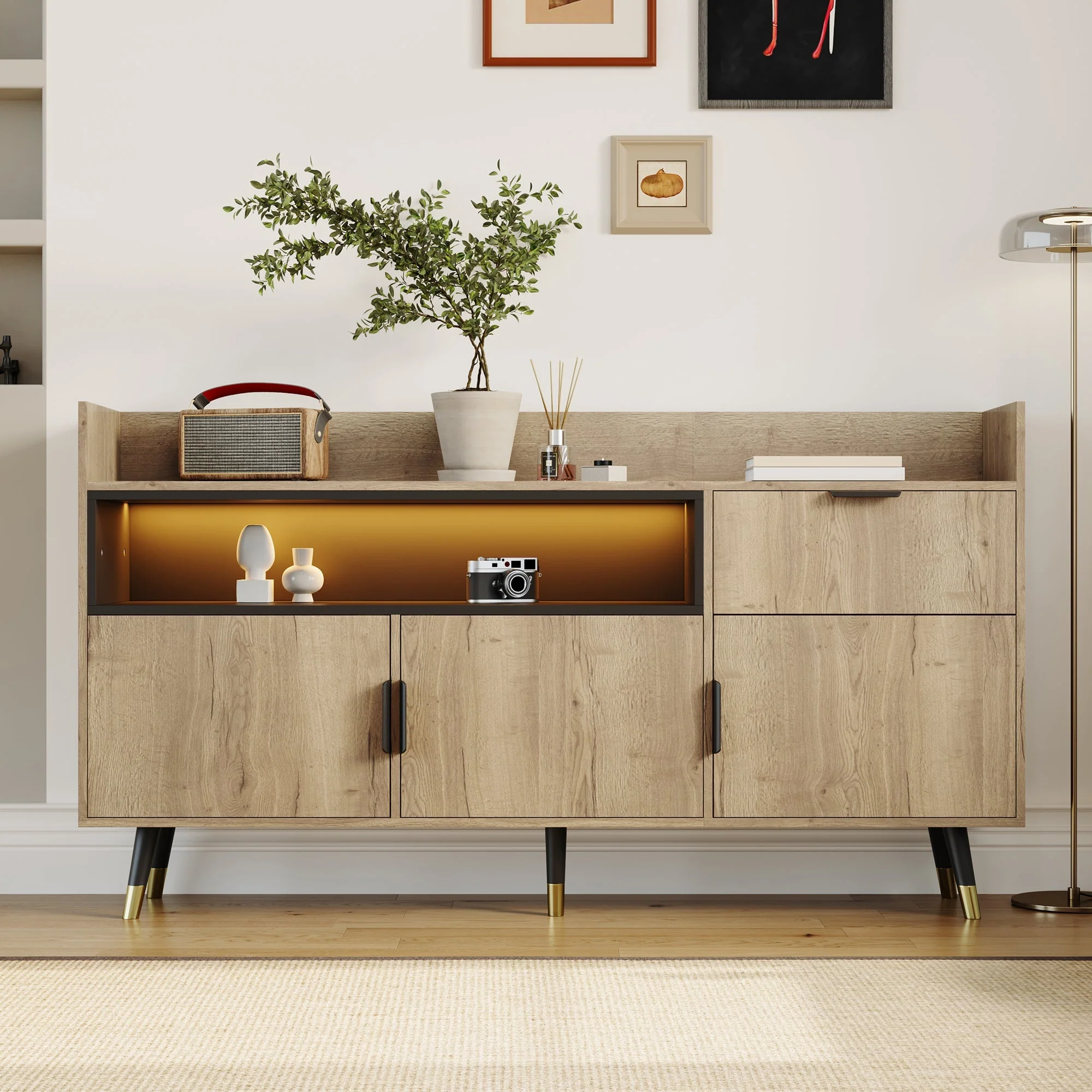 Modern Minimalist Sideboard with Open Shelves, Drawers and Swing Doors, Wood and Metal - Image 7
