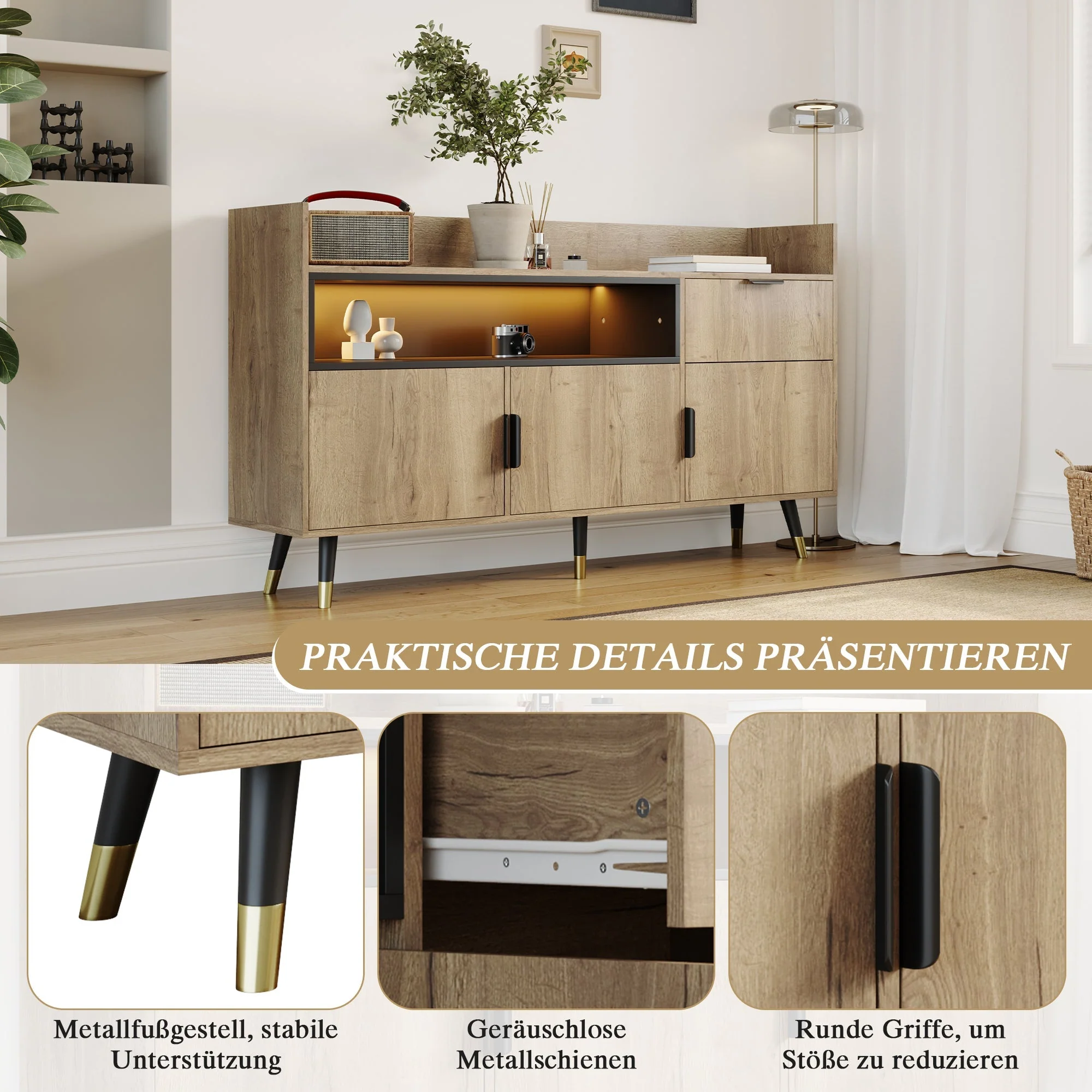 Modern Minimalist Sideboard with Open Shelves, Drawers and Swing Doors, Wood and Metal - Image 9