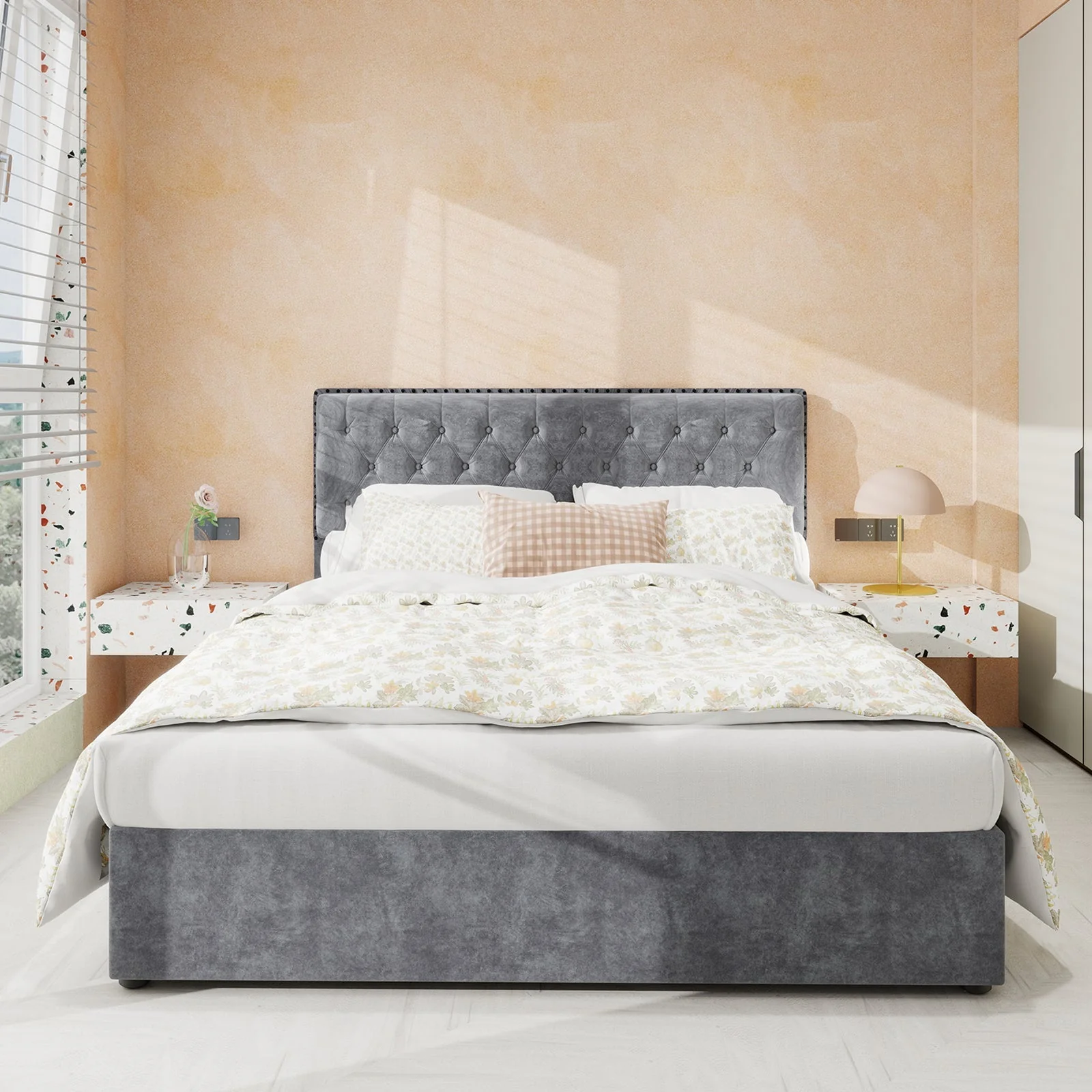 Modern Minimalist Soft Bed, Comfortable Headboard, High Box, 140x200CM, Gray