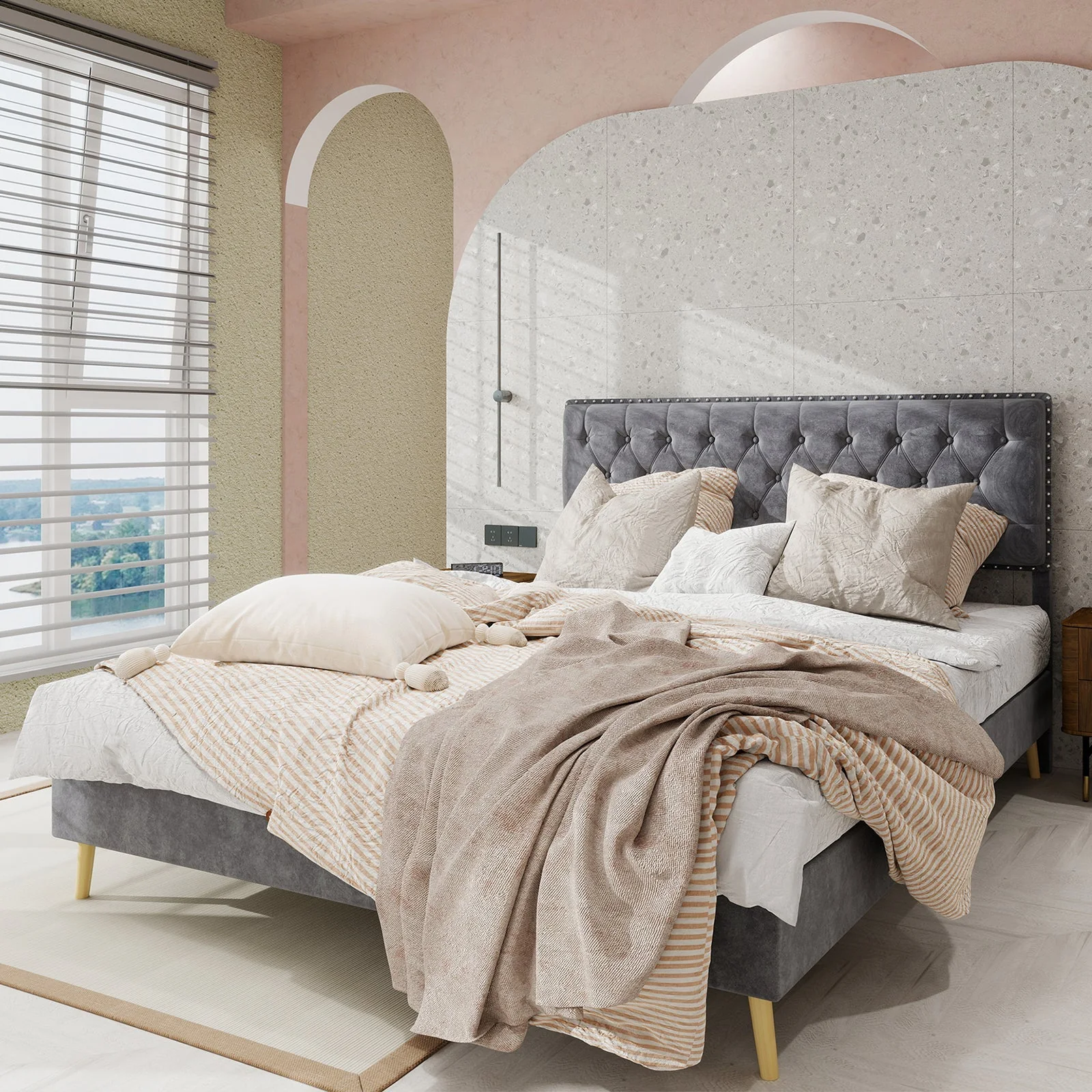 Modern Minimalist Soft Bed, Comfortable Headboard, Low Box Frame, Gray - Image 3