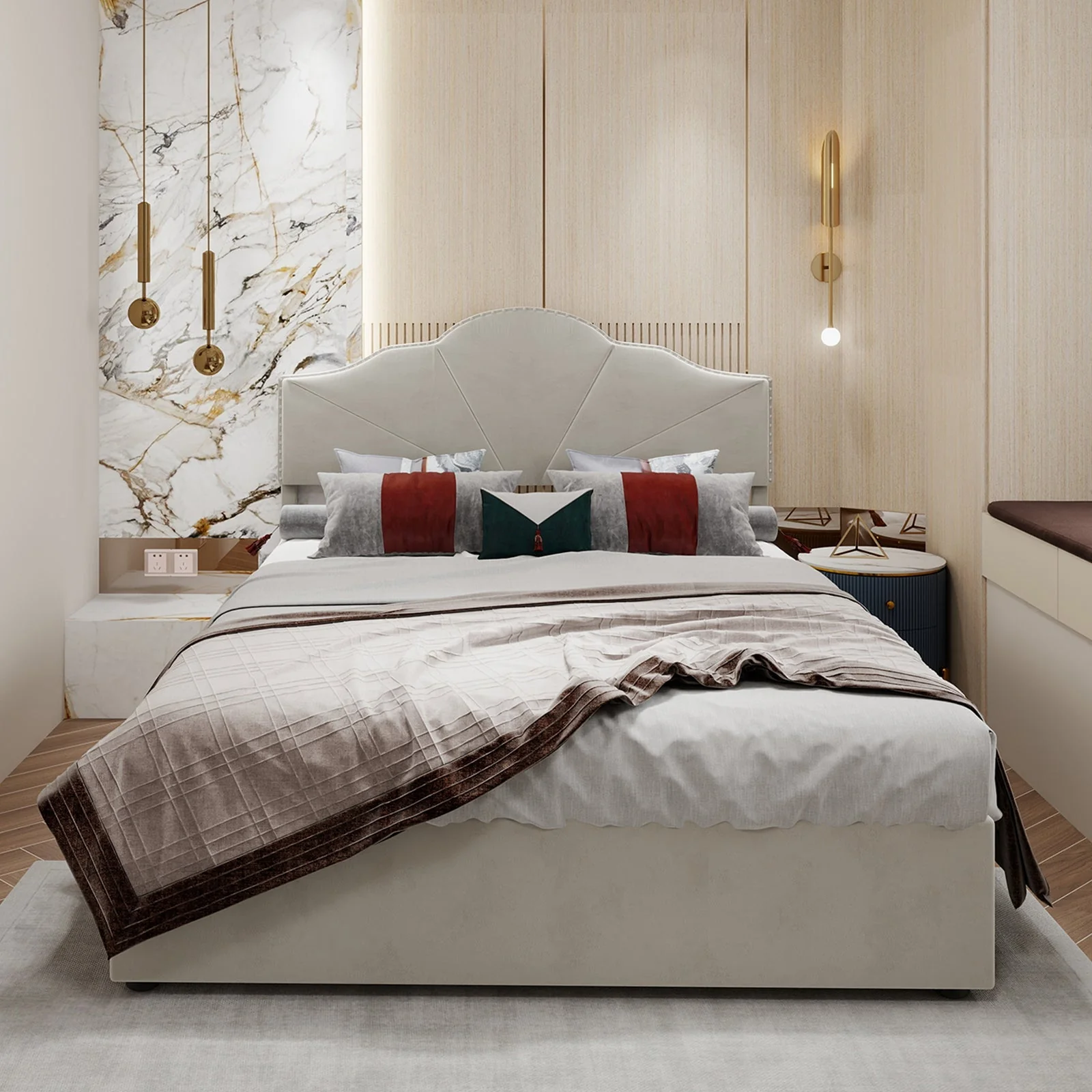 Modern Minimalist Soft Bed, Headboard with Hydraulic Rod, 140x200cm, Beige