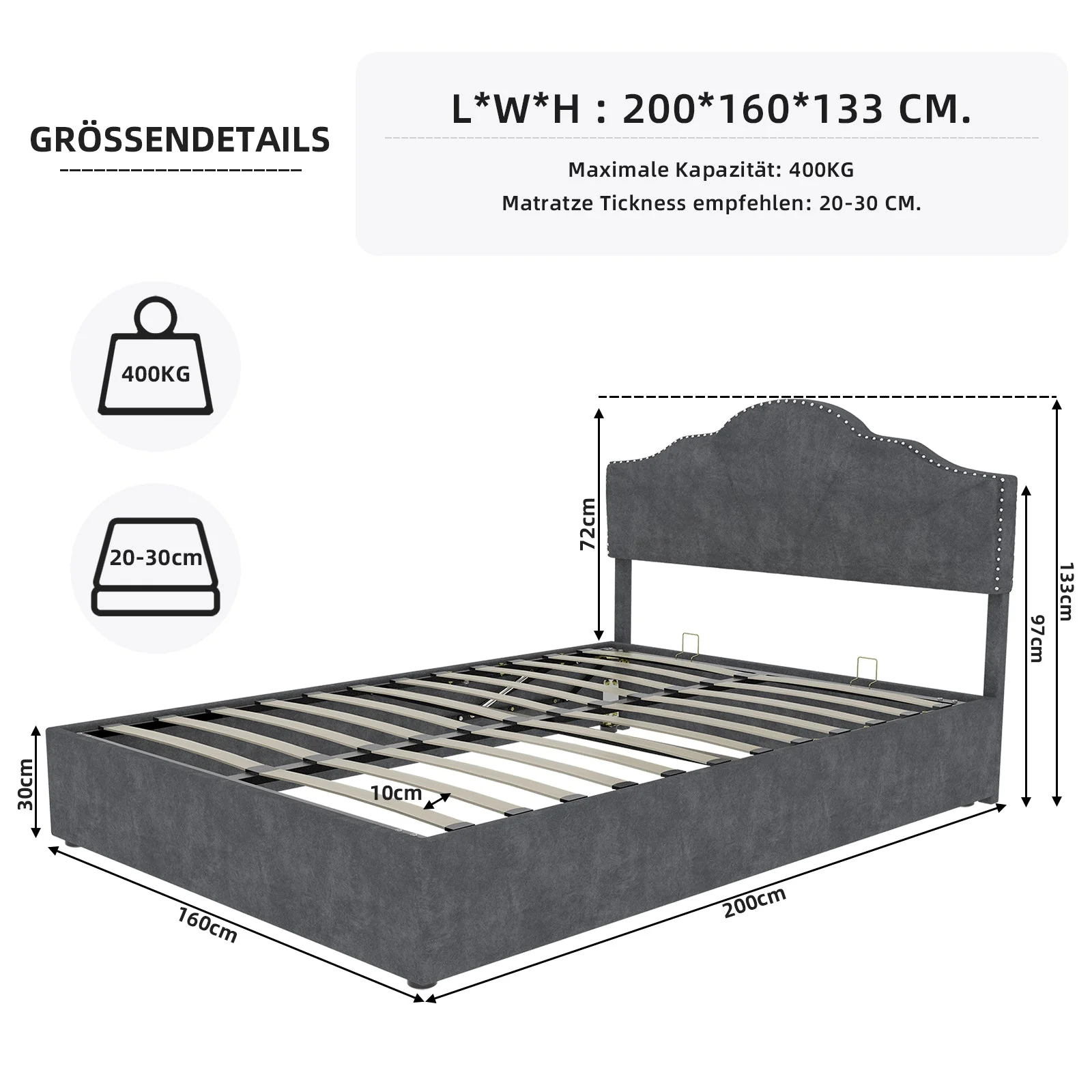 Modern Minimalist Soft Bed, High Box with Pneumatic Rod, 160*200CM, Gray - Image 8