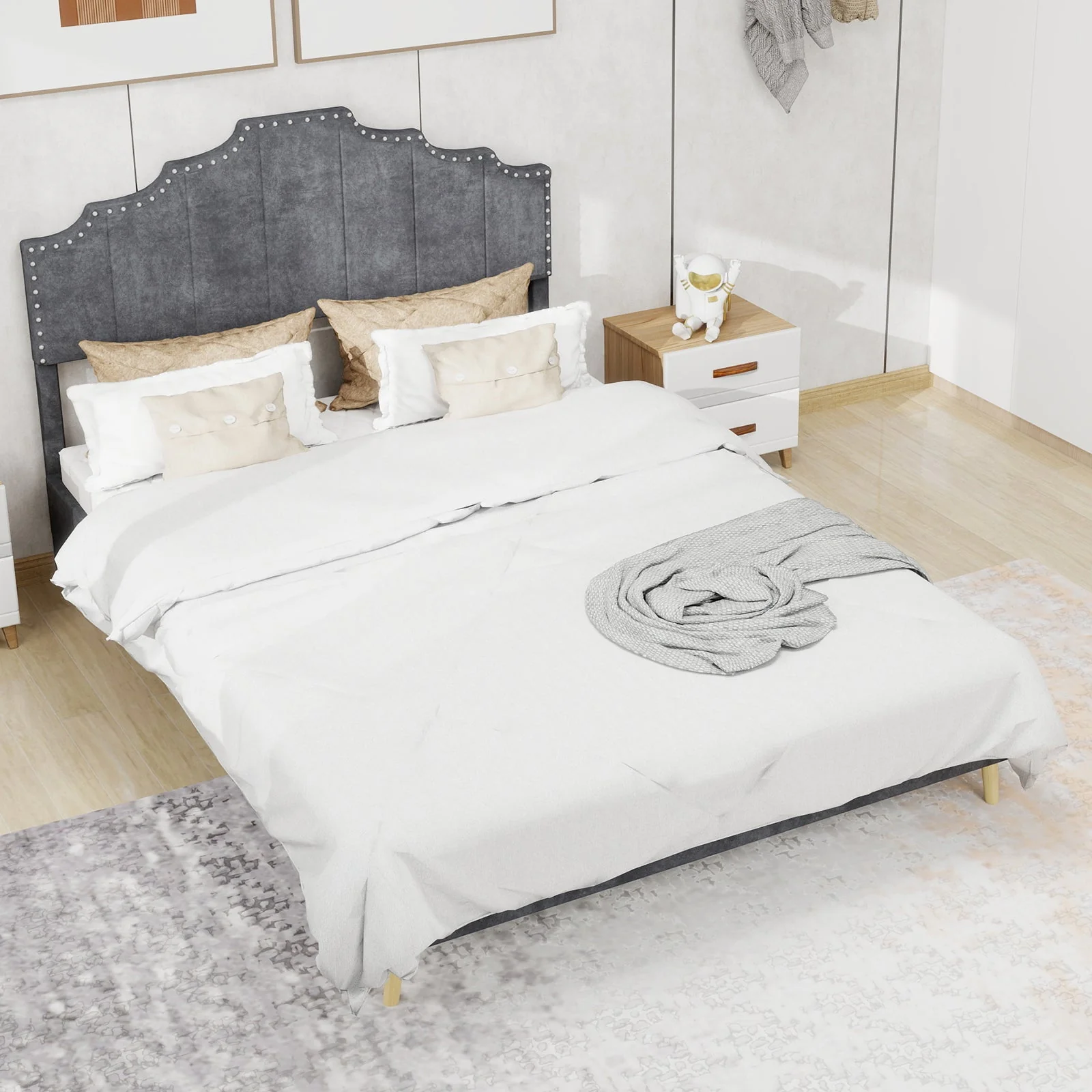 Modern Minimalist Soft Bed with Comfortable Headboard and Low Box Frame 160x200cm, Gray - Image 4