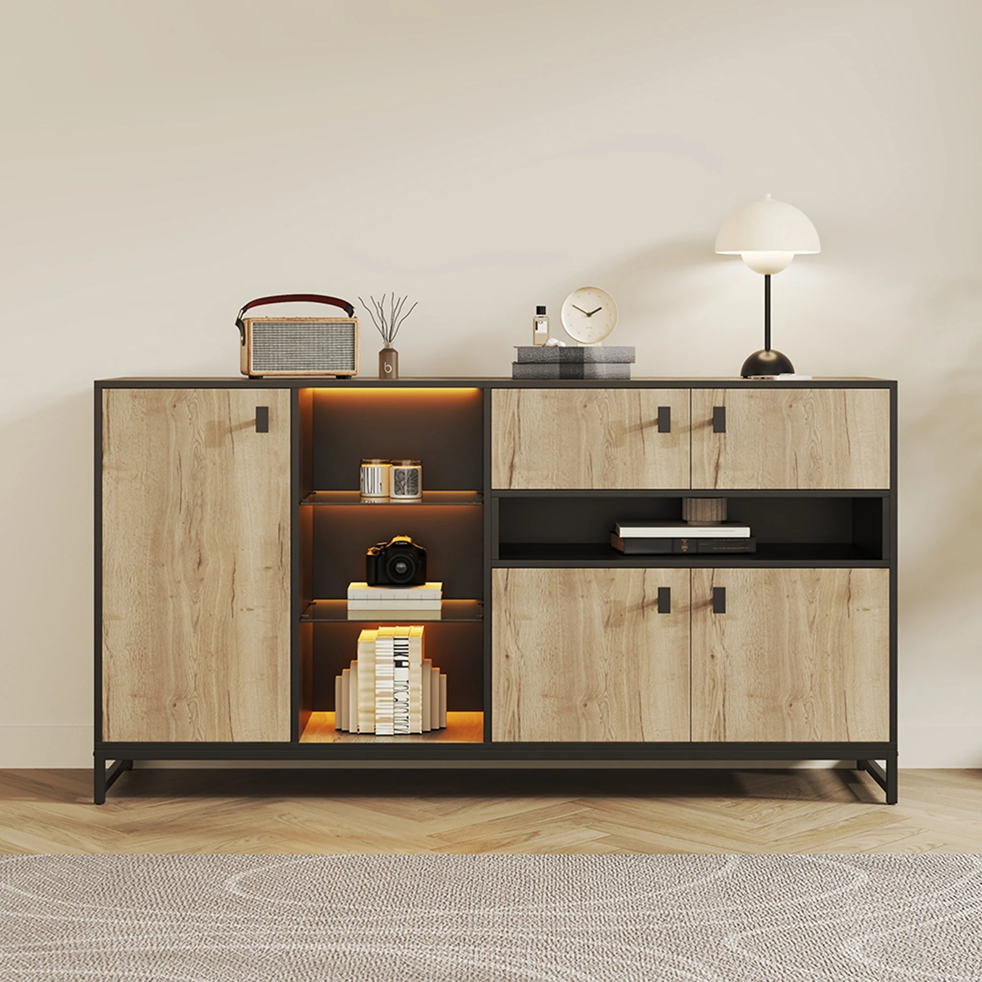 Modern Minimalist Storage Cabinet with Double Doors, Open Shelving and Glass Shelves, Wood and Metal - Image 9