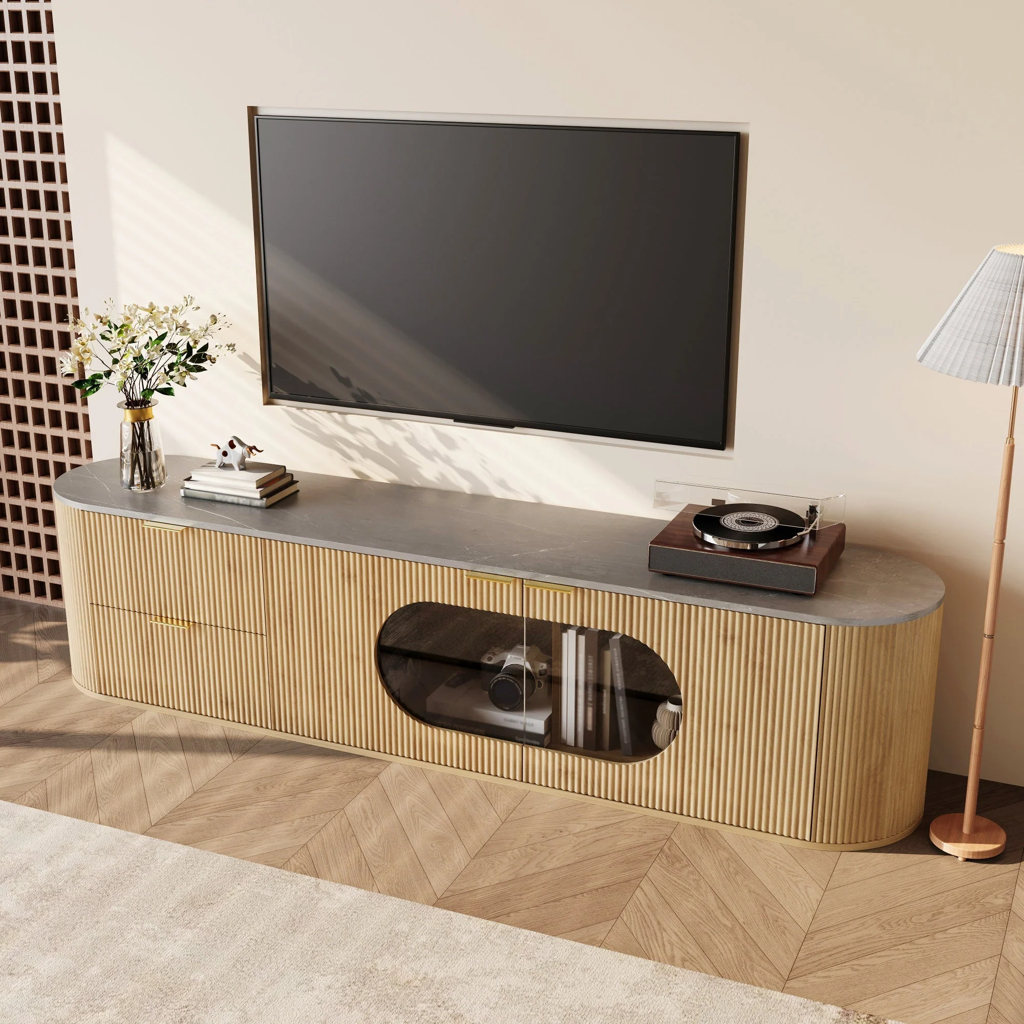 Modern Minimalist TV Cabinet with 3D Stripes and Glass Display, Wood Look and Grey Glass - Image 9