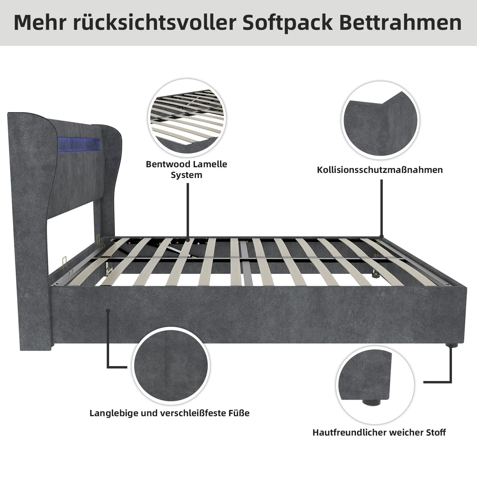 Modern Minimalist Upholstered Bed, LED Headboard, 140x200cm, Grey - Image 5