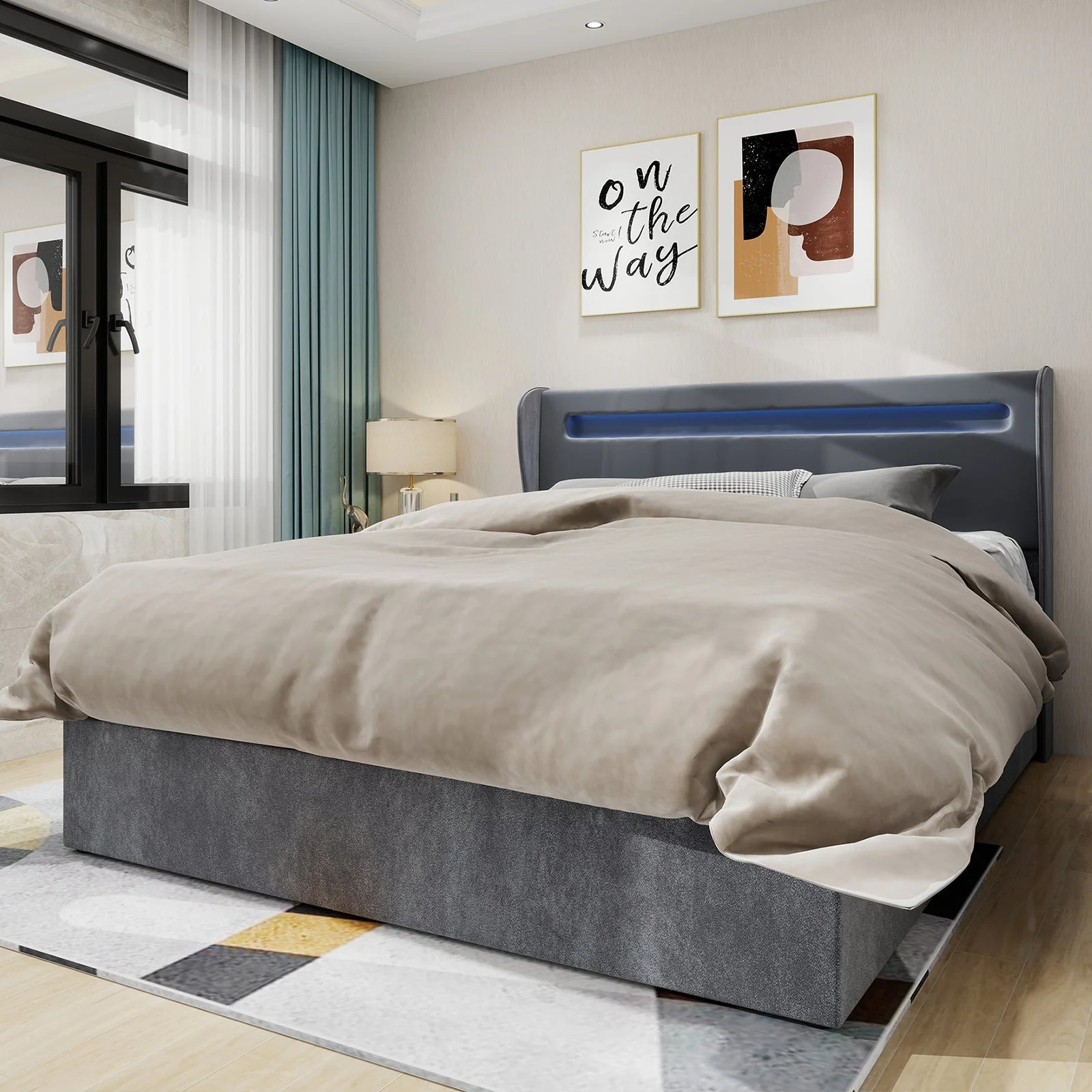 Modern Minimalist Upholstered Bed, LED Headboard, 160x200cm, Grey - Image 2