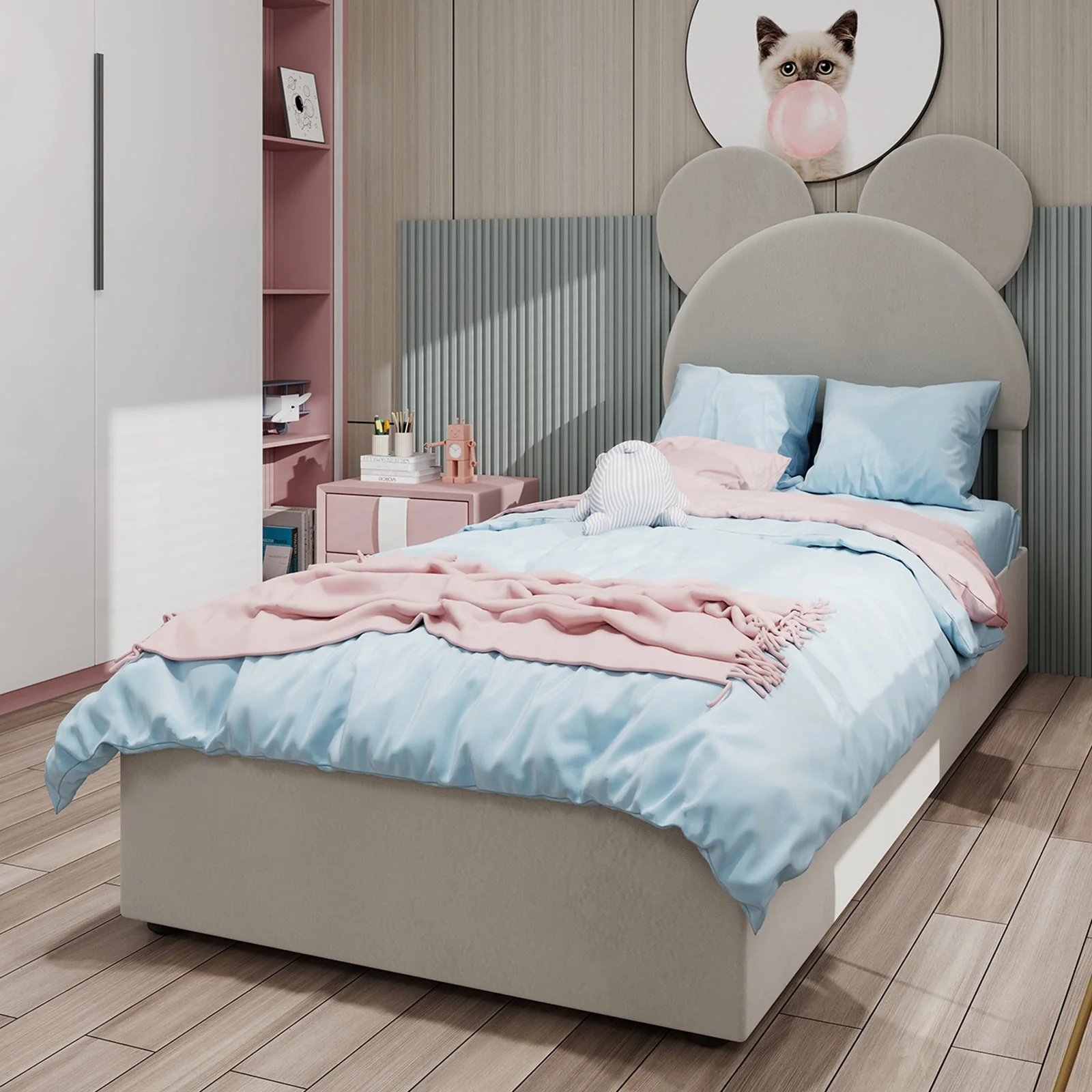 Modern Minimalist Upholstered Bed, Soft Cartoon-Design Headboard, Storage Base, Beige - Image 2