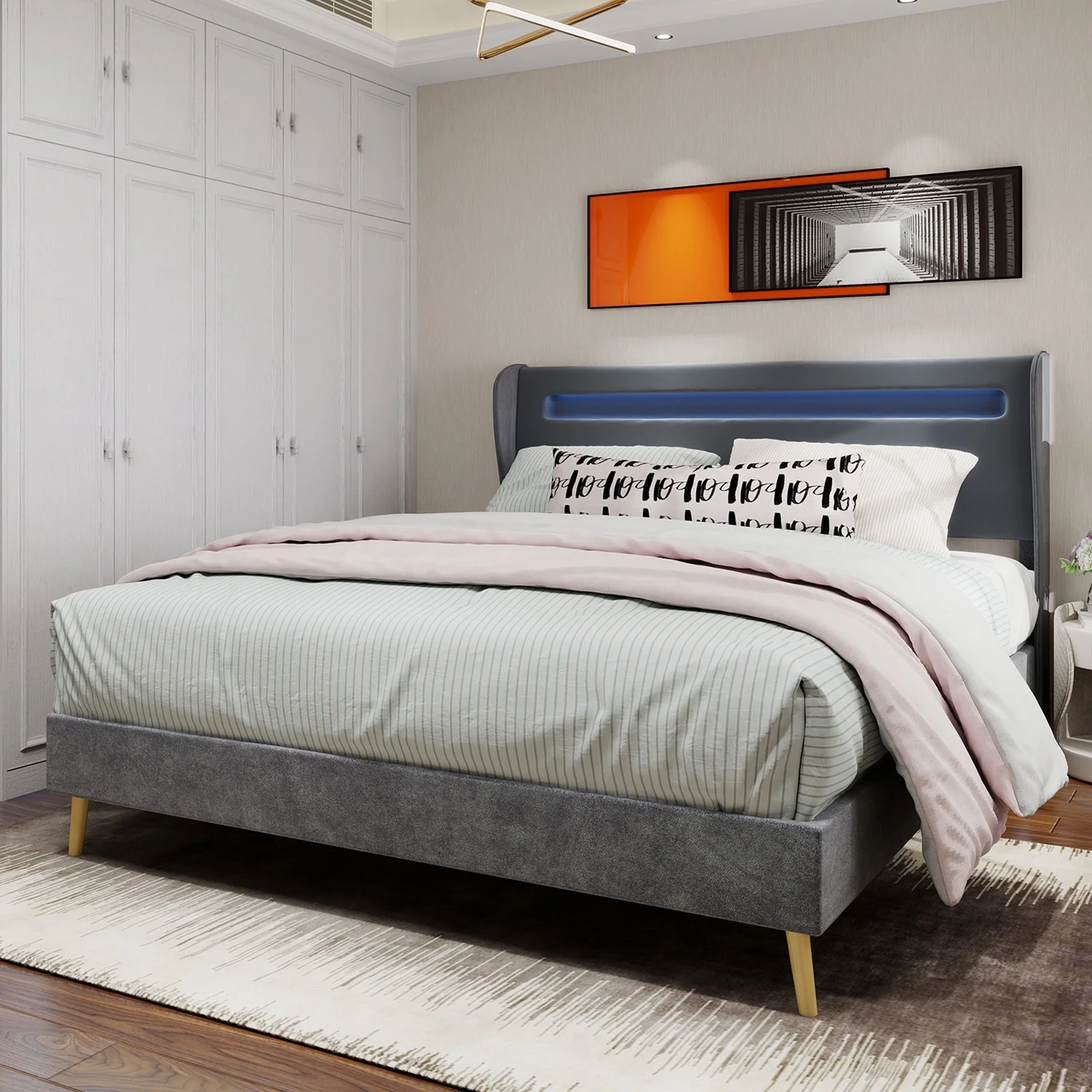 Modern Minimalist Upholstered Bed, Soft LED-Integrated Headboard, Low-Profile Non-Storage, 140x200 cm Grey - Image 2