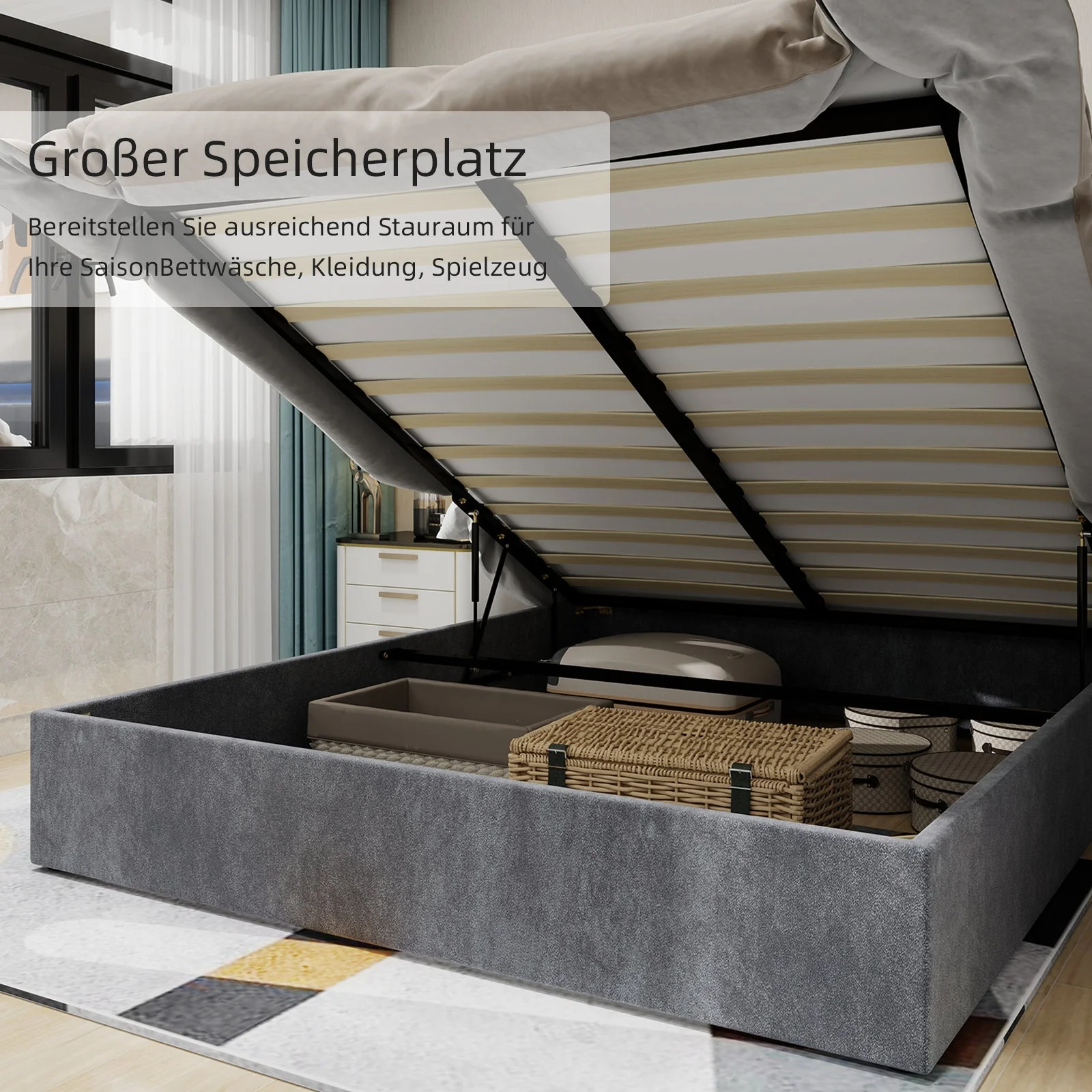Modern Minimalist Upholstered Bed with Cartoon Headboard, 140x200 cm, Grey - Image 2