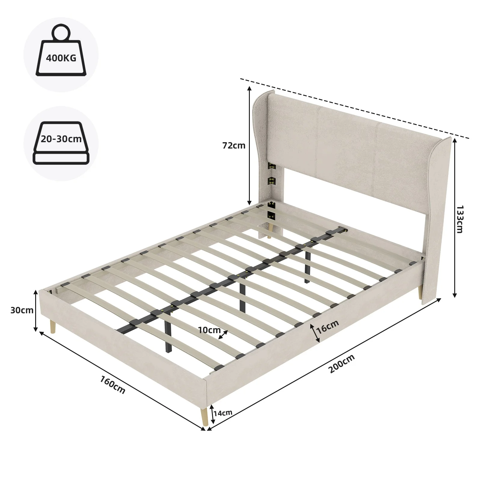 Modern Minimalist Upholstered Bed with Plush Headboard, 160x200 cm, Beige, Multifunctional Bedroom Furniture, Low-Profile Non-Storage Base (Without Gas Lift), Mattress Excluded. - Image 3