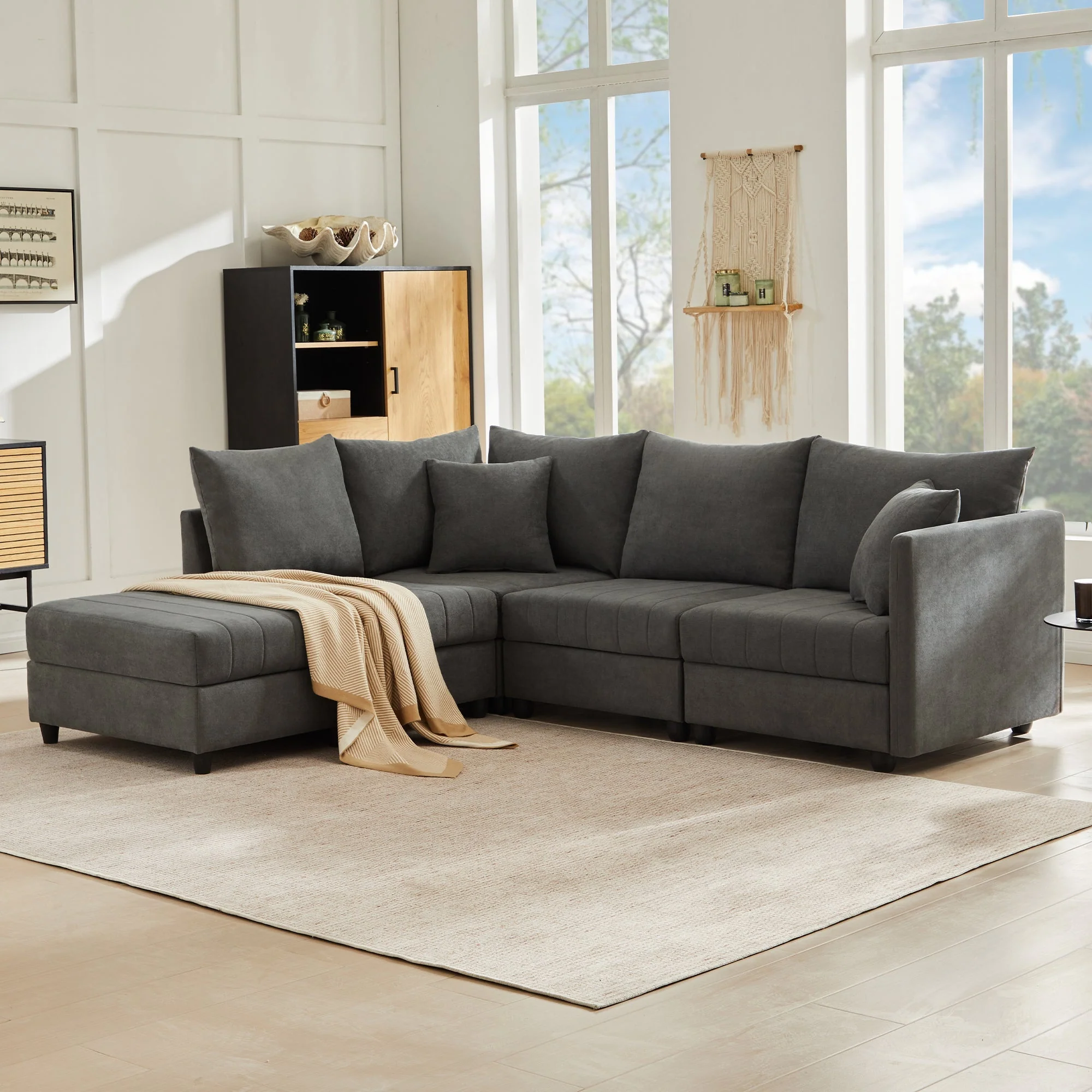 Modern Modular Corner Sofa, 5-Seater with Convertible Footstool, Cotton and Linen Grey - Image 2