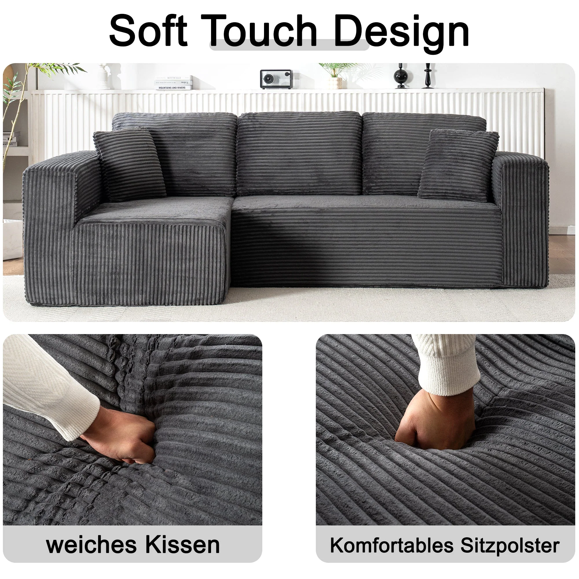 Modern Modular L-Shaped Cloud Sofa, Wide Armchair with Chaise Lounge and No Assembly, Core Fabric Material - Image 5