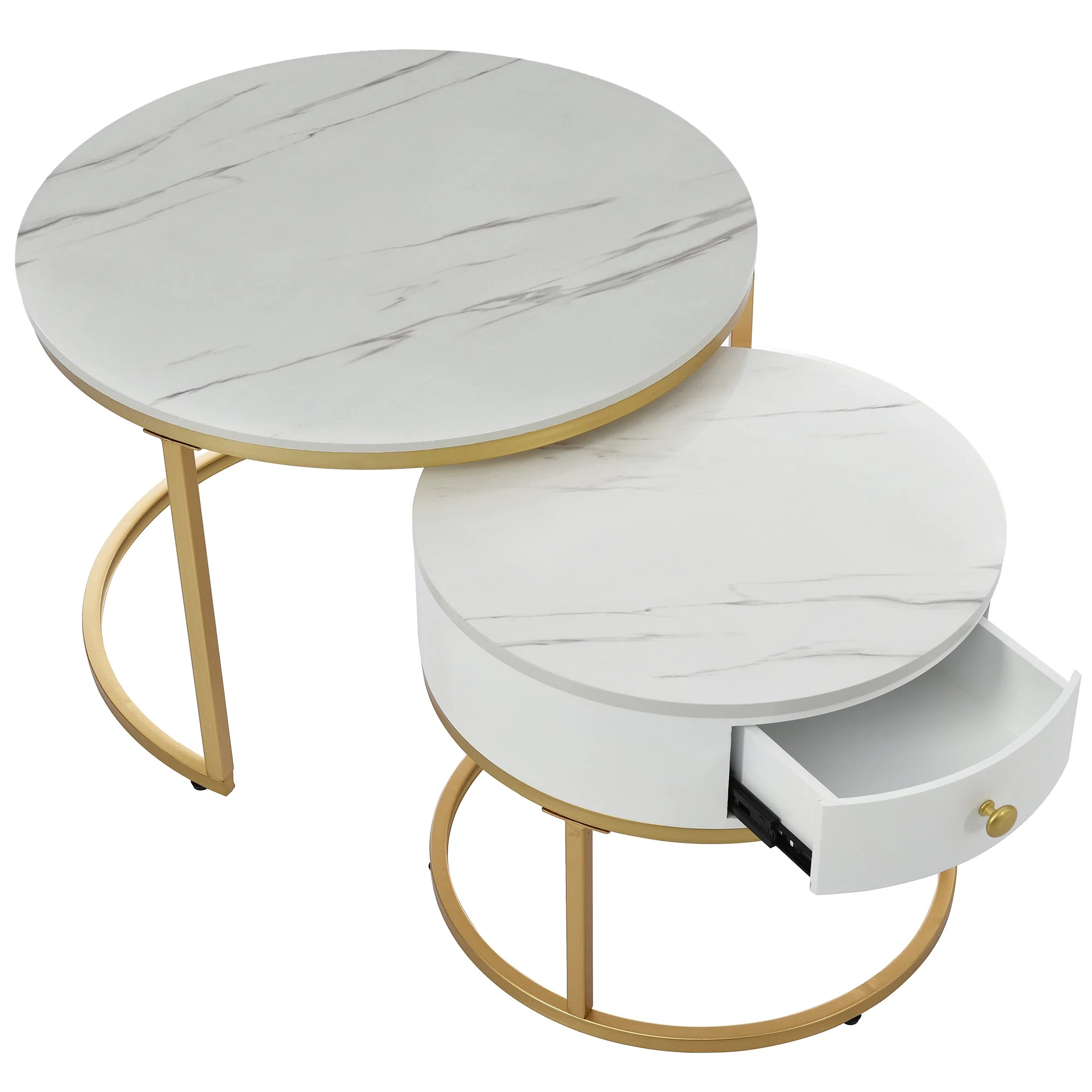 Modern Nesting Coffee Table, 2-Piece Set Round Nested Side Table, High Gloss White Marble Pattern - Image 3