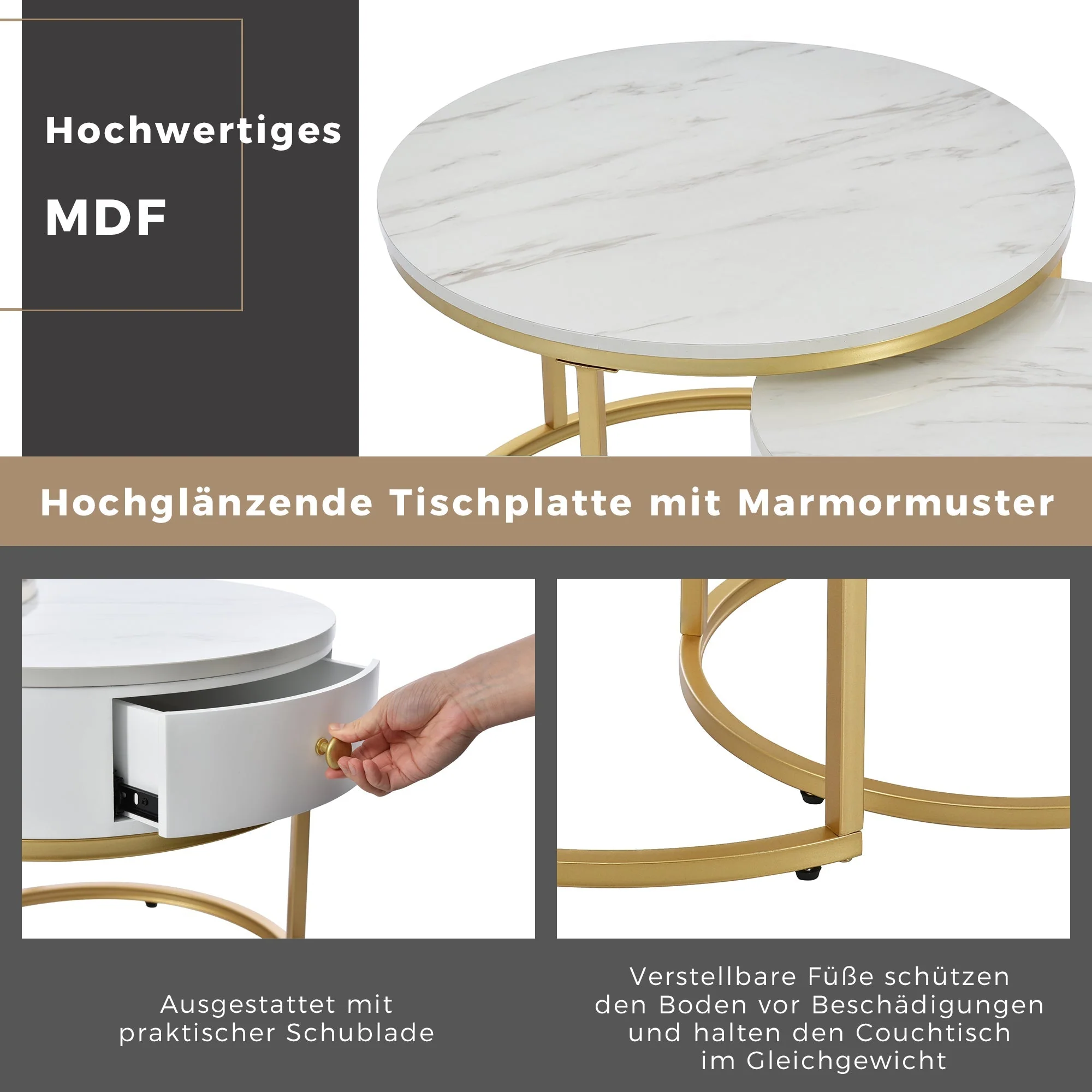 Modern Nesting Coffee Table, 2-Piece Set Round Nested Side Table, High Gloss White Marble Pattern - Image 7