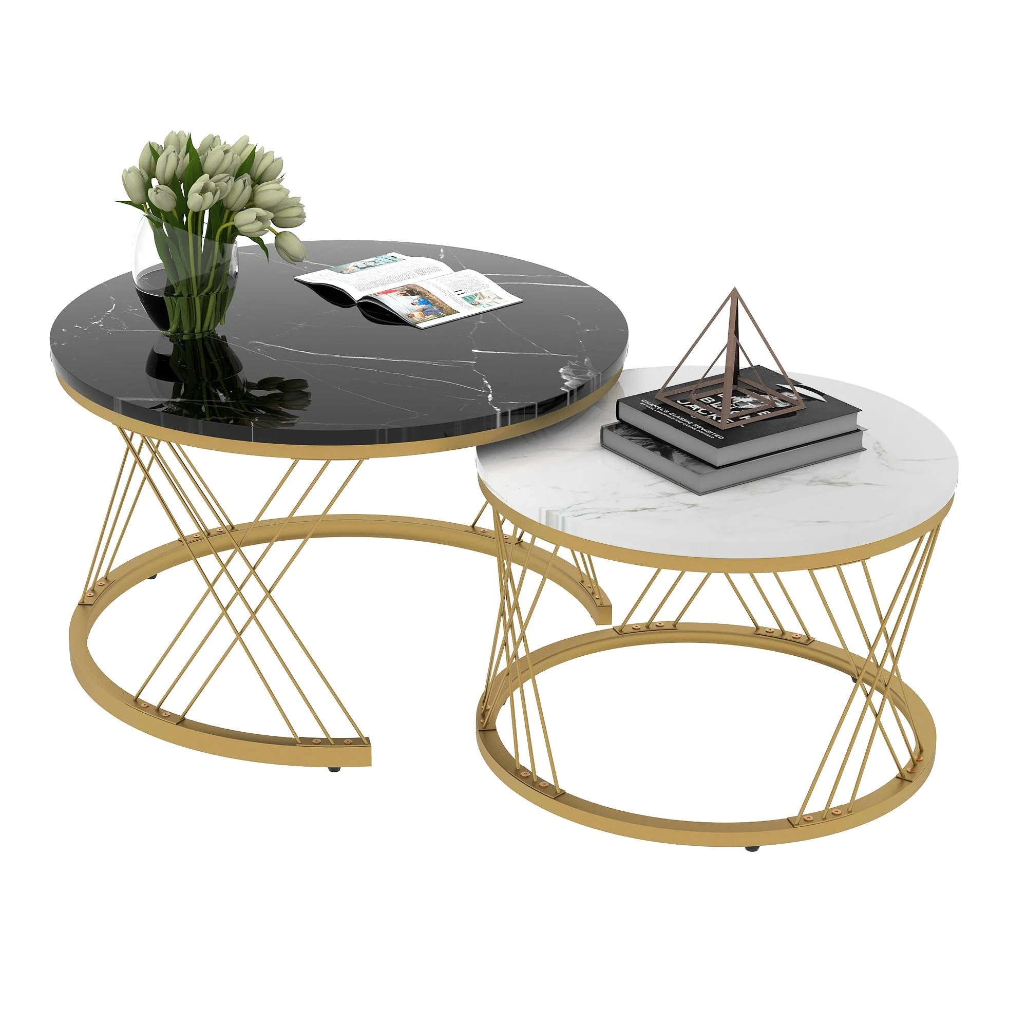 Modern Nesting Coffee Table, Set of 2 Round End Tables, Marble Veneer and Gold - Image 10