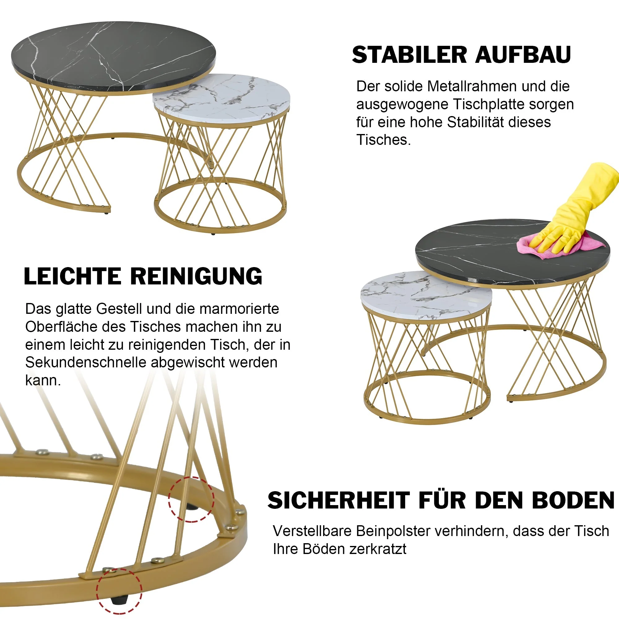 Modern Nesting Coffee Table, Set of 2 Round End Tables, Marble Veneer and Gold - Image 5