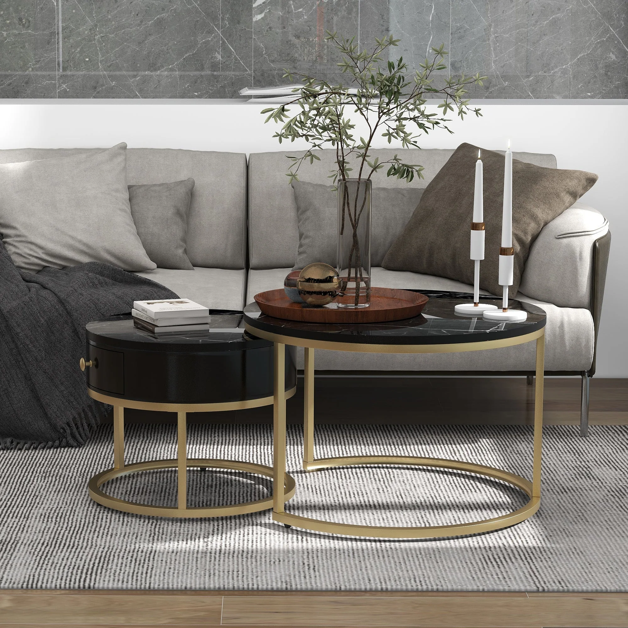Modern Nesting Coffee Table, Set of 2 Round Side Tables with High Gloss Marble Pattern, Black MDF - Image 4