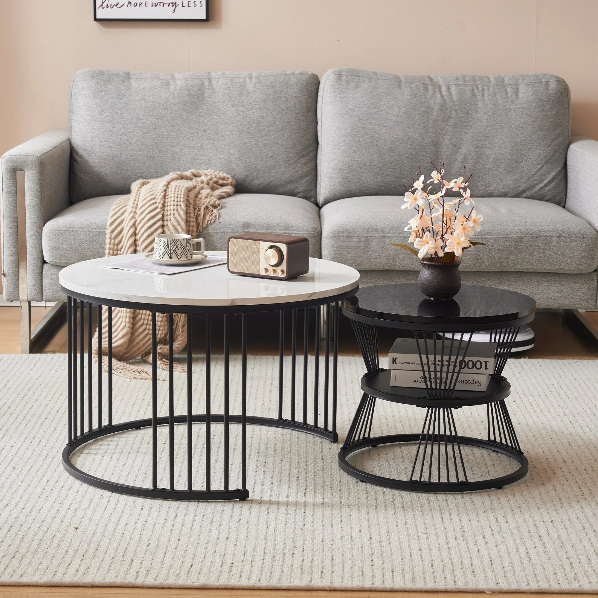 Modern Nesting Coffee Table Set, Round End Tables, Set of 2, Marble Veneer Black Frame - Image 4