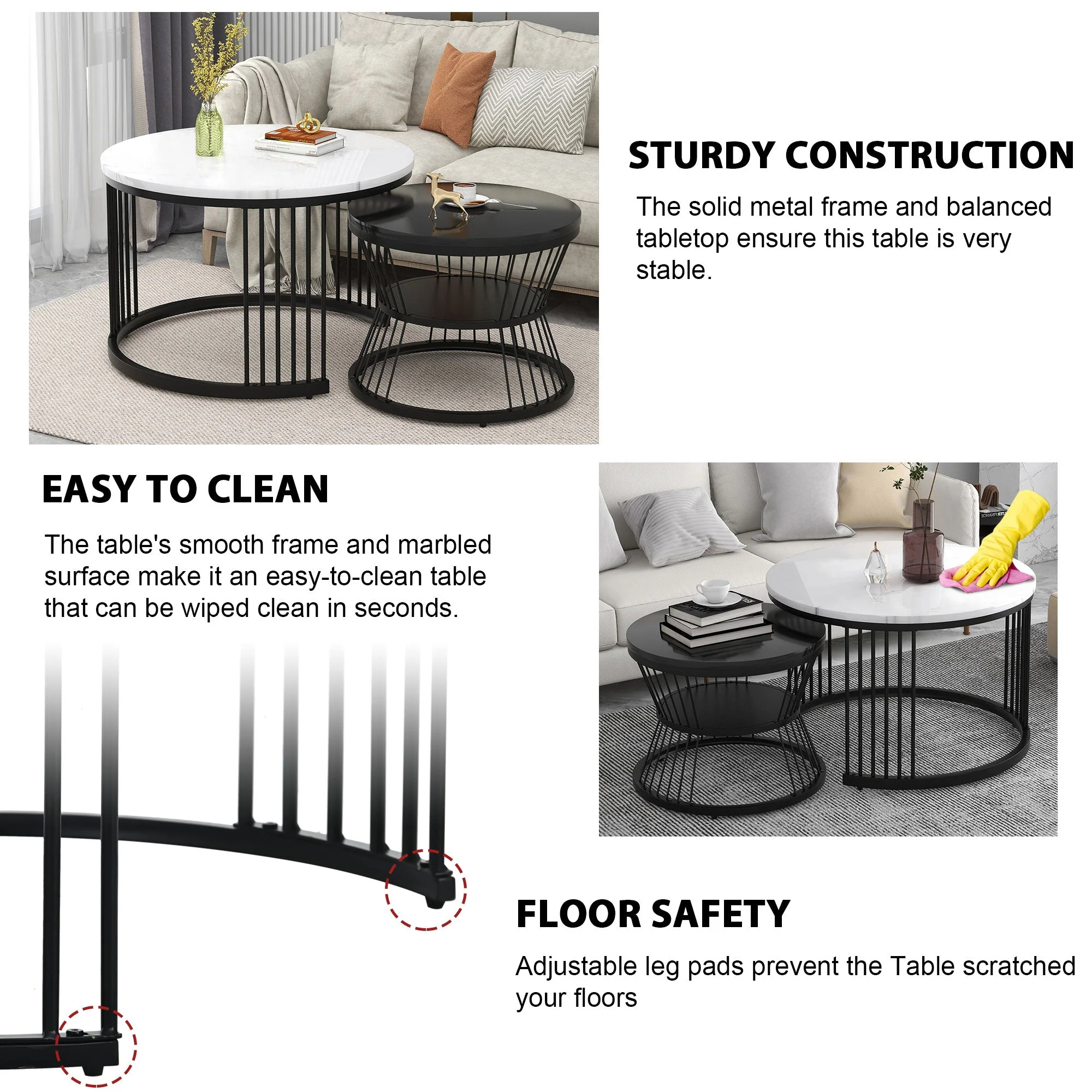 Modern Nesting Coffee Table Set, Round End Tables, Set of 2, Marble Veneer Black Frame - Image 5