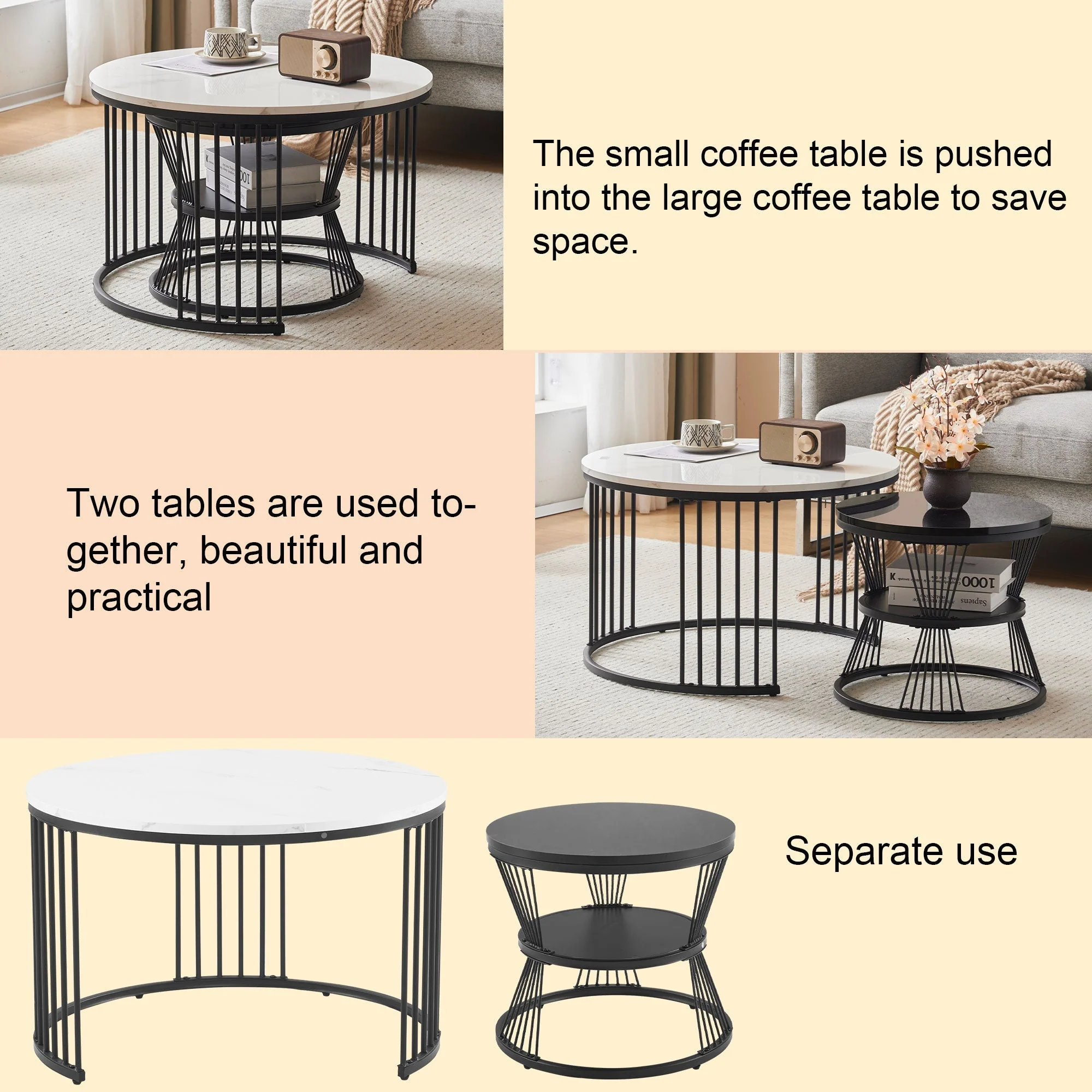 Modern Nesting Coffee Table Set, Round End Tables, Set of 2, Marble Veneer Black Frame - Image 7