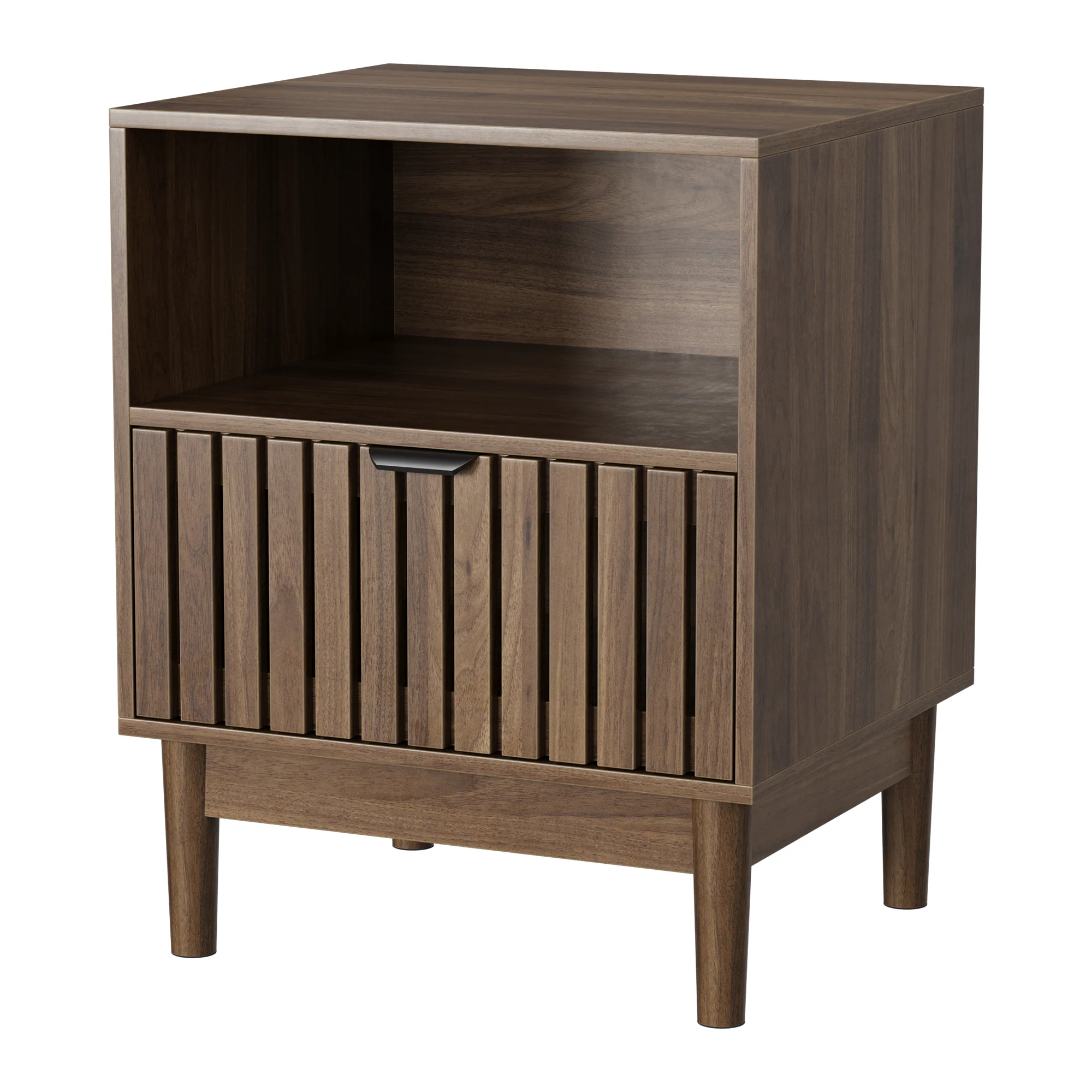 Modern Nightstand with Slatted Base and Drawer, 45x39x56.5cm, Walnut Wood Color - Image 8